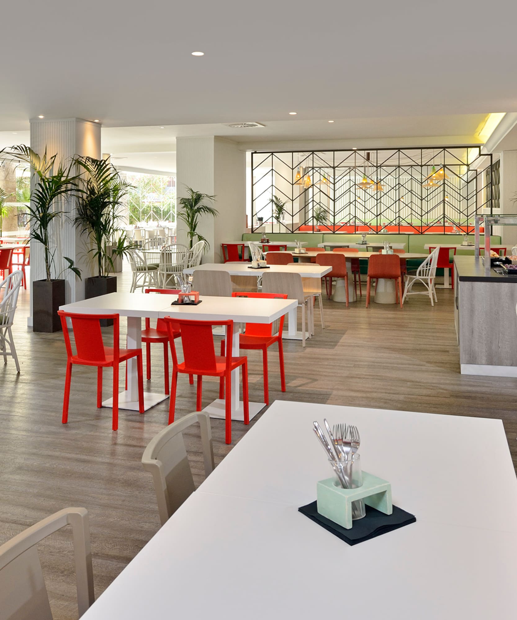 a room with tables and chairs