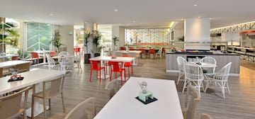 a room with tables and chairs