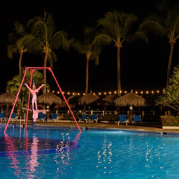 a person standing on a pole in a pool at night