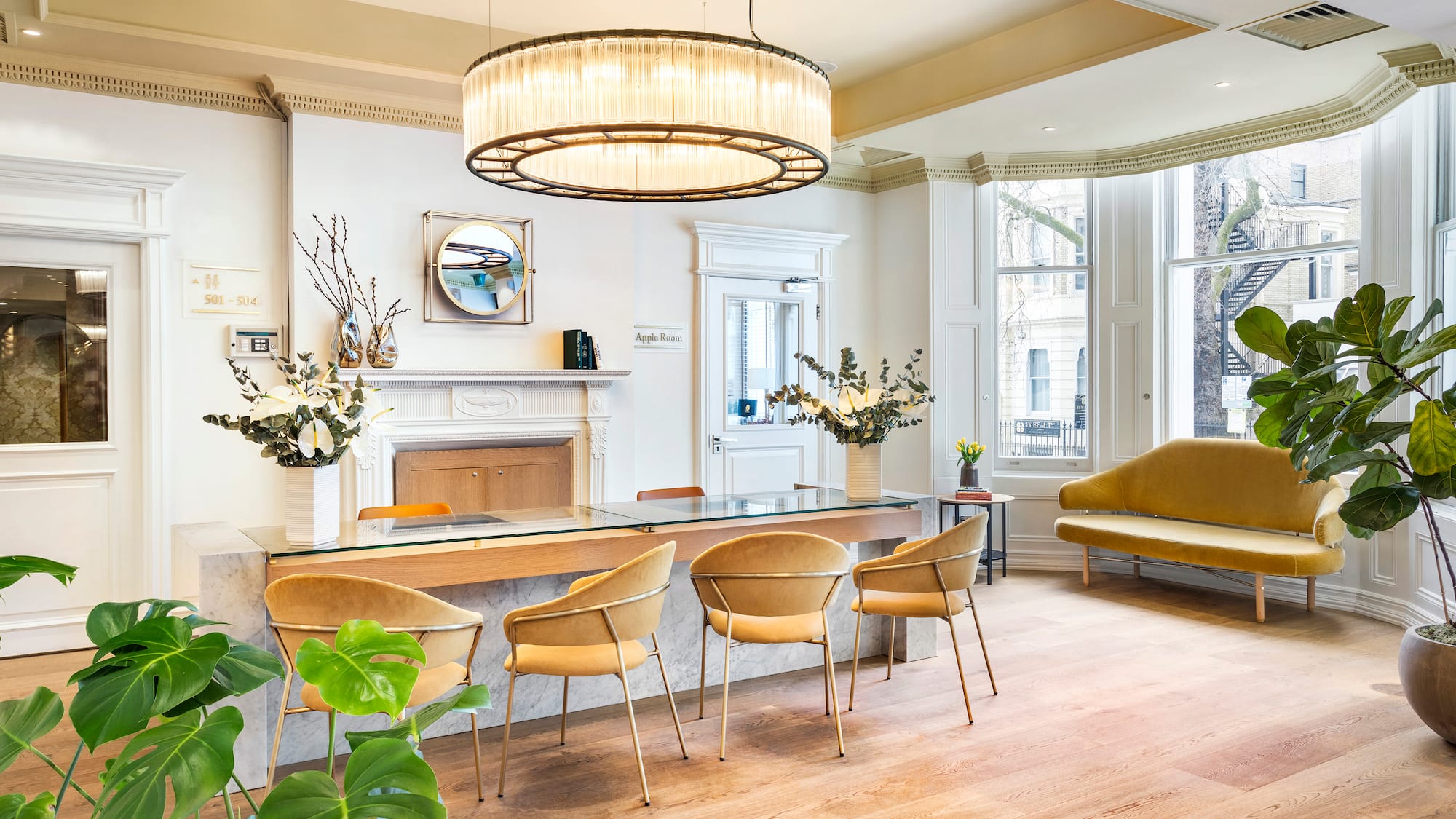 a room with a table and chairs