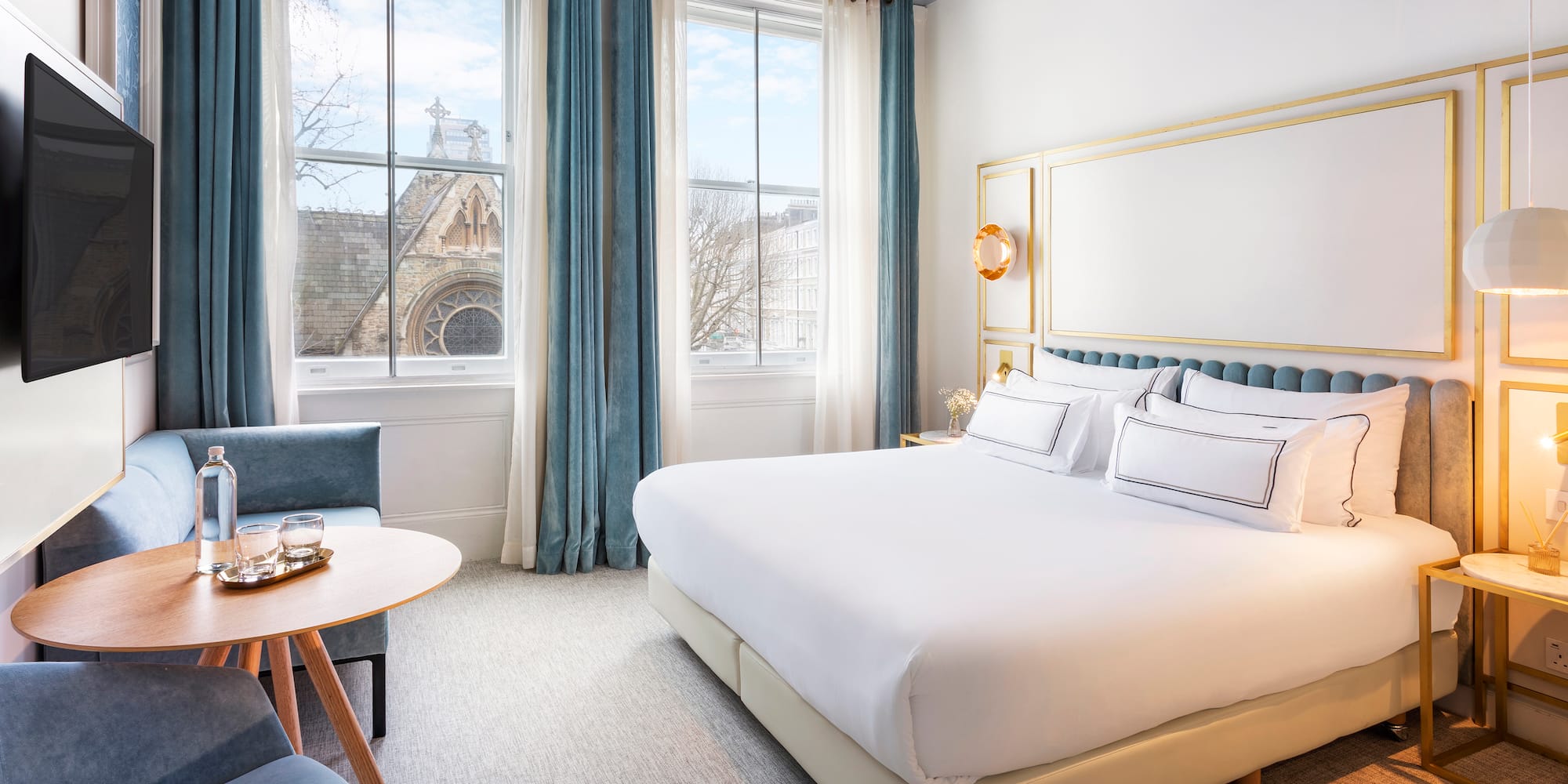 a room with a bed and a table