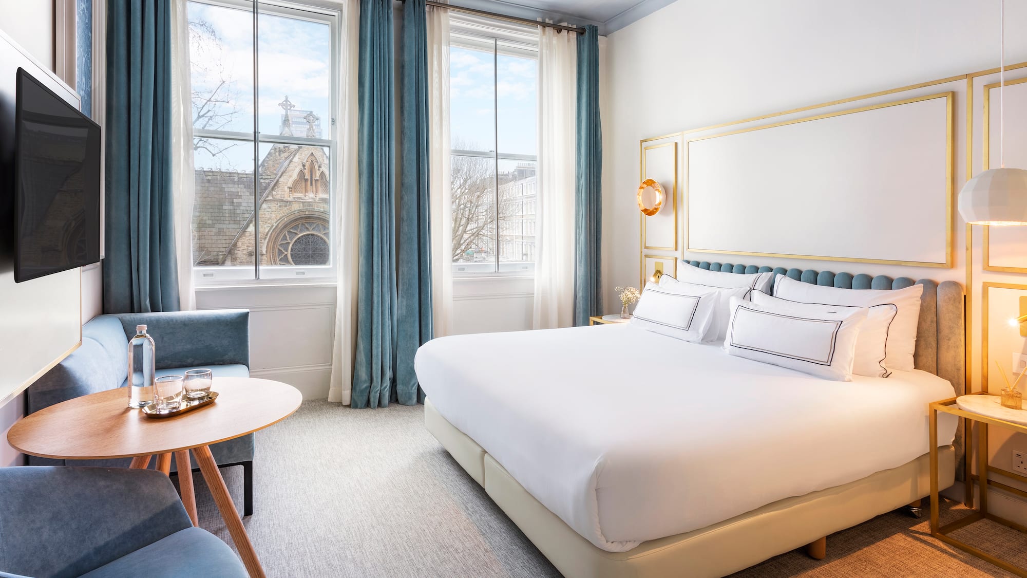 a room with a bed and a table