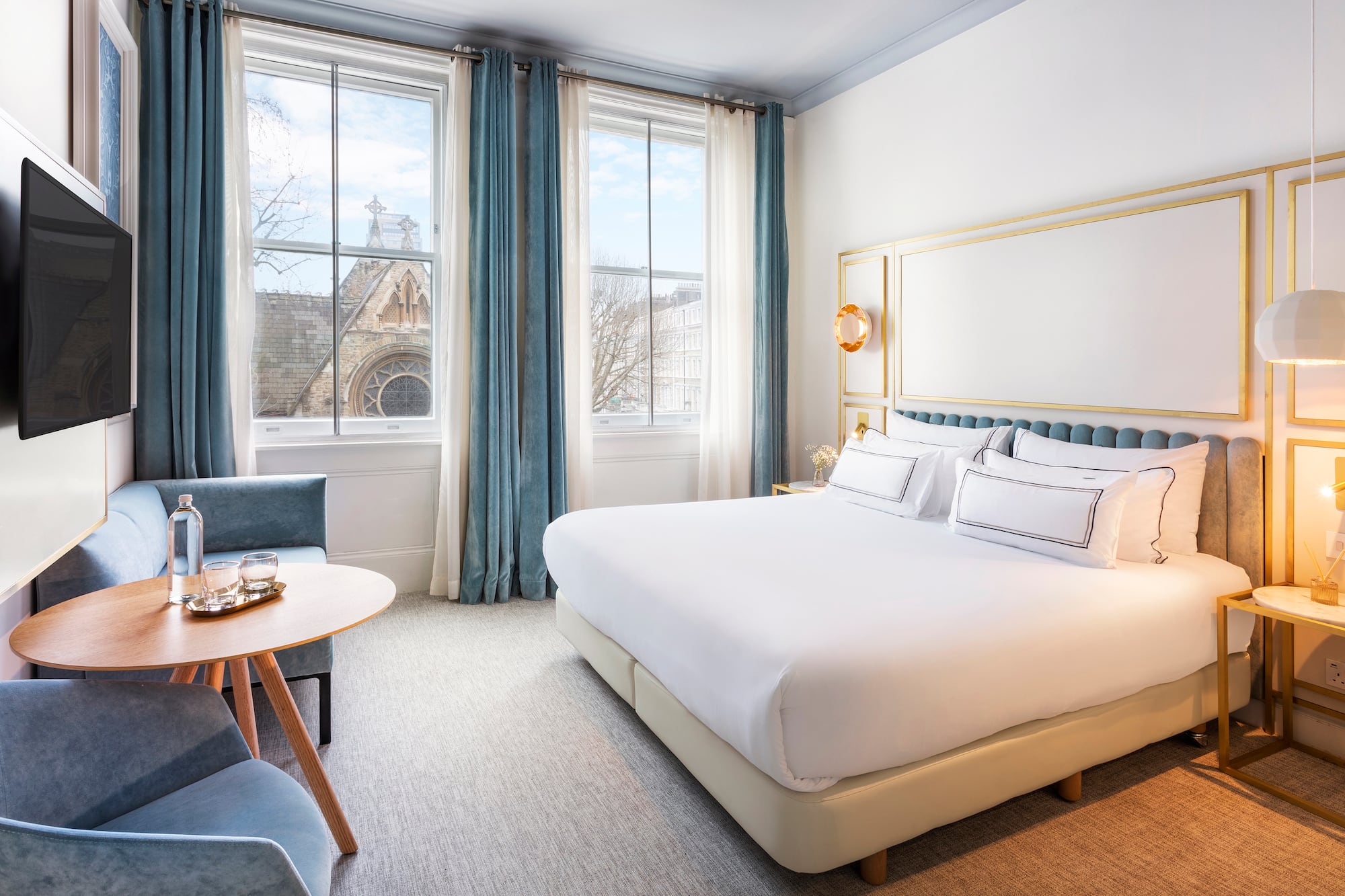 a room with a bed and a table