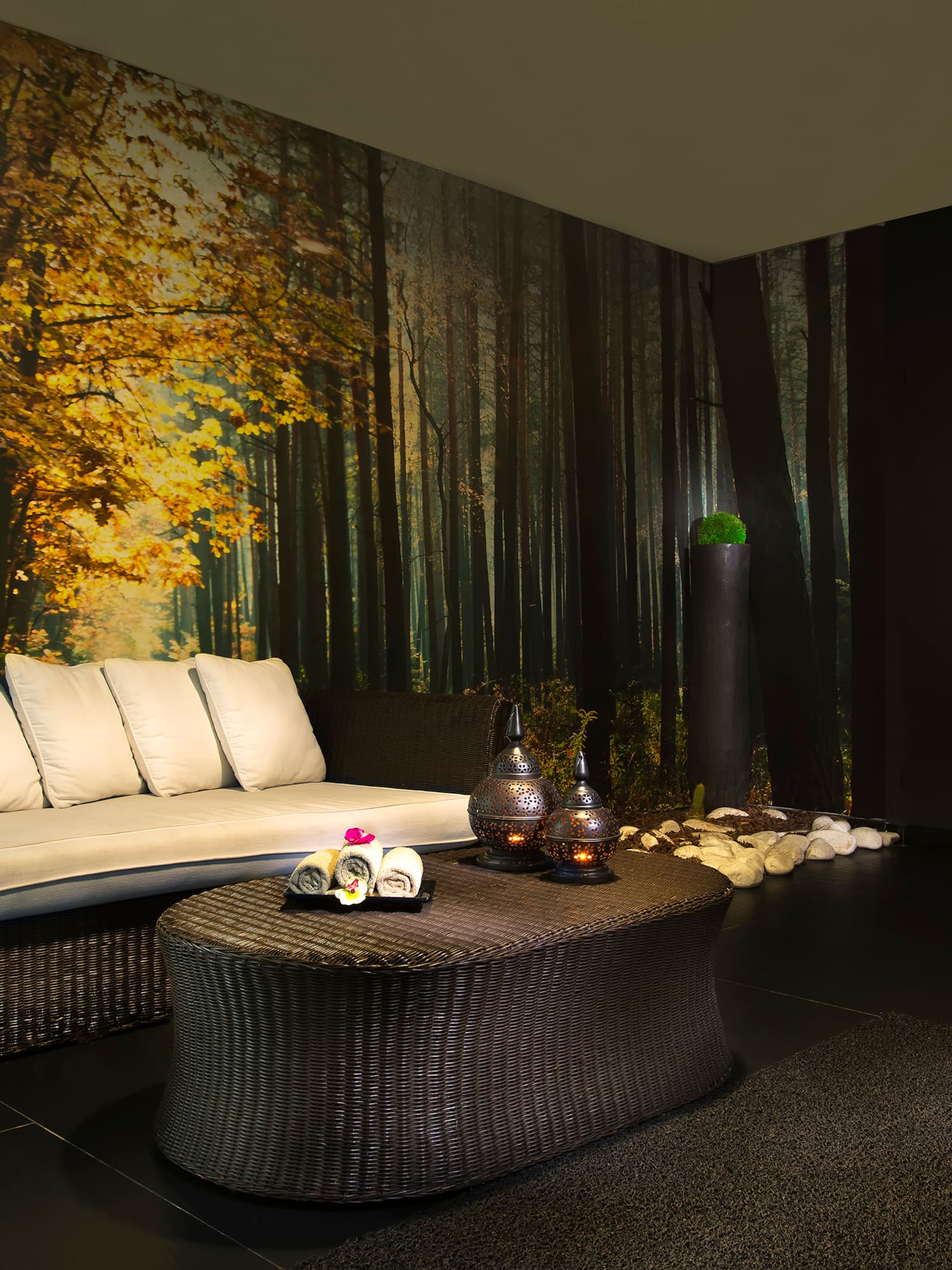 a room with a couch and a table