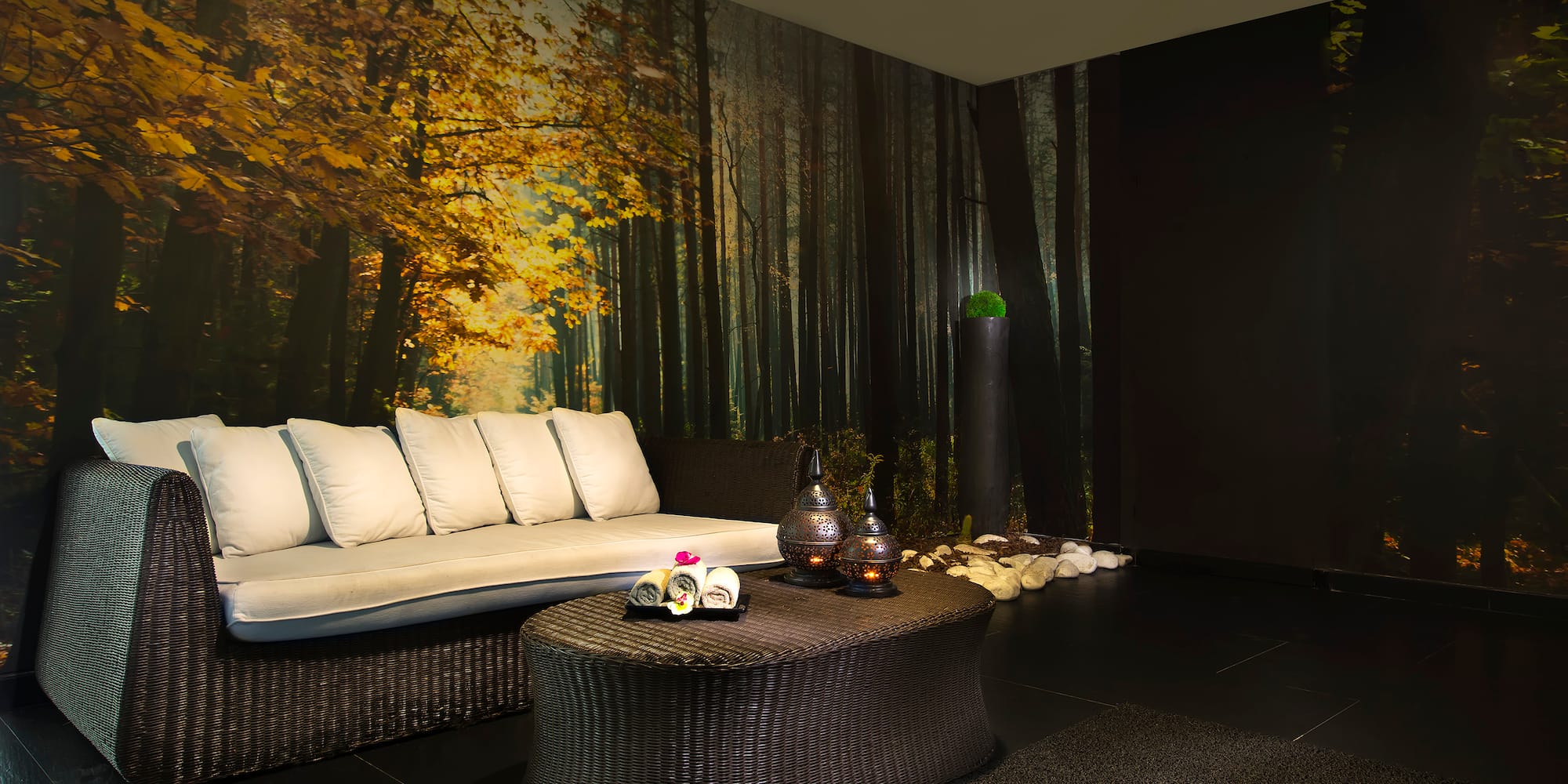 a room with a couch and a table