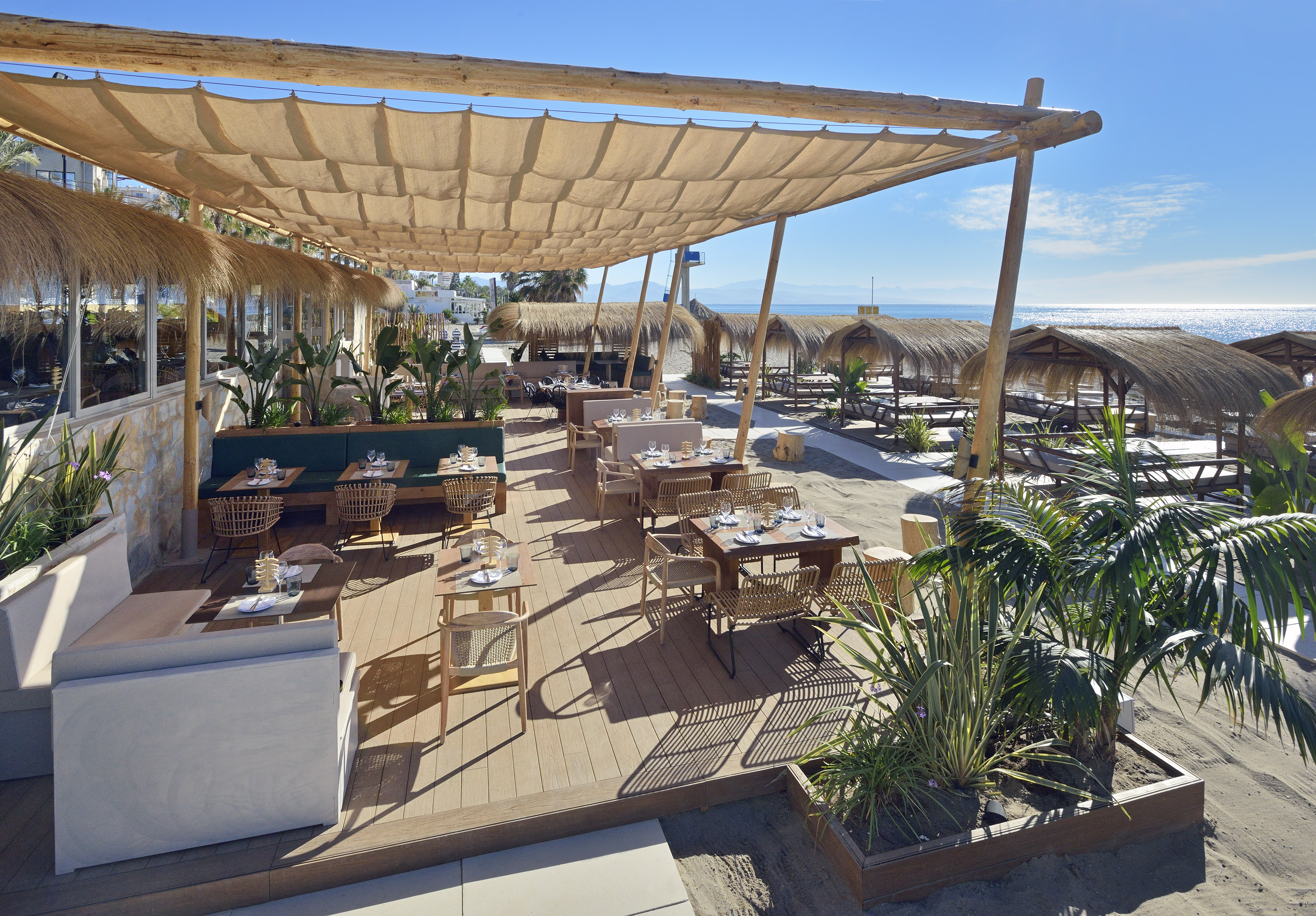 Sunny beach restaurant with shaded outdoor dining and ocean view.
