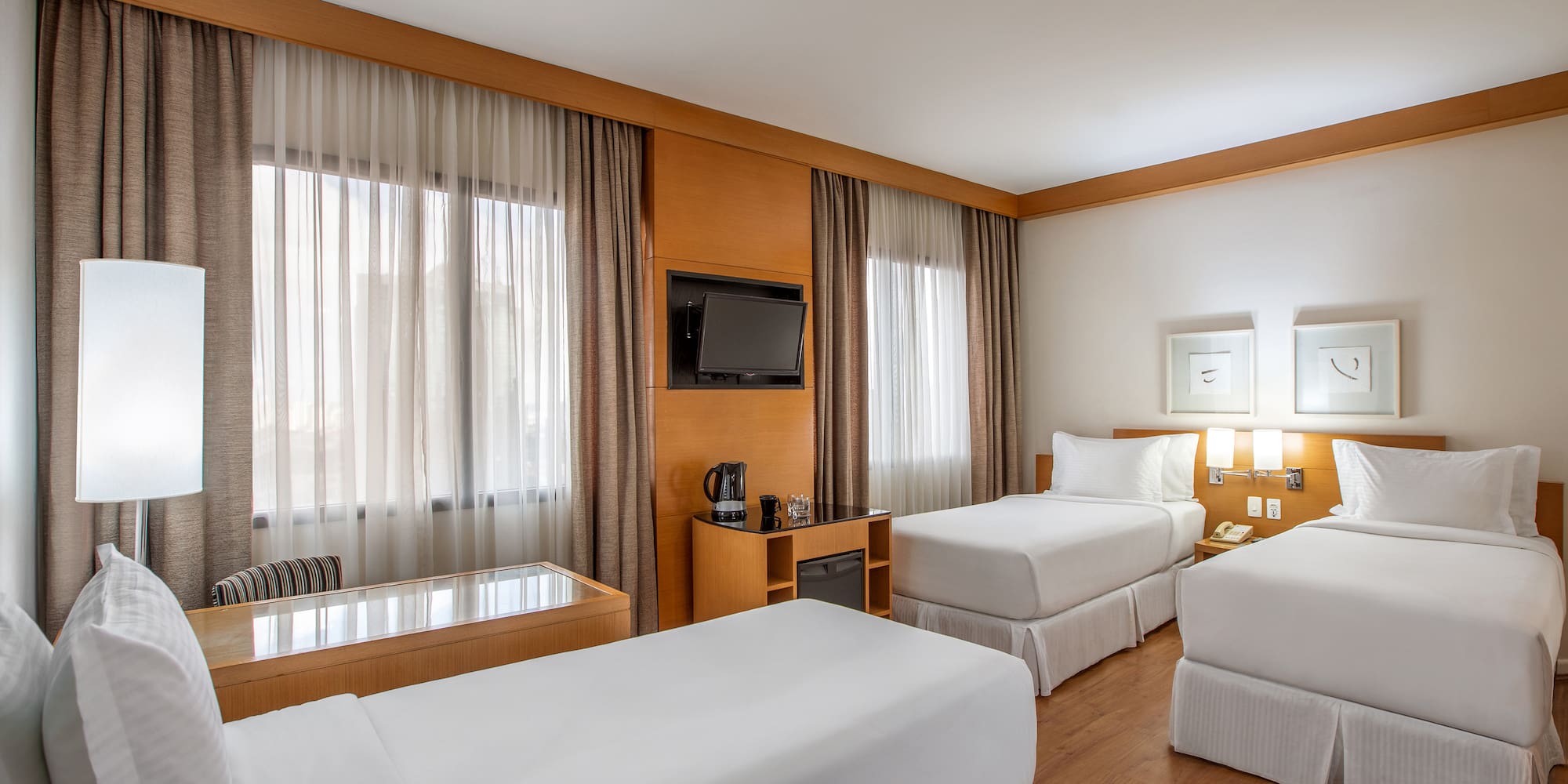 a room with two beds and a television