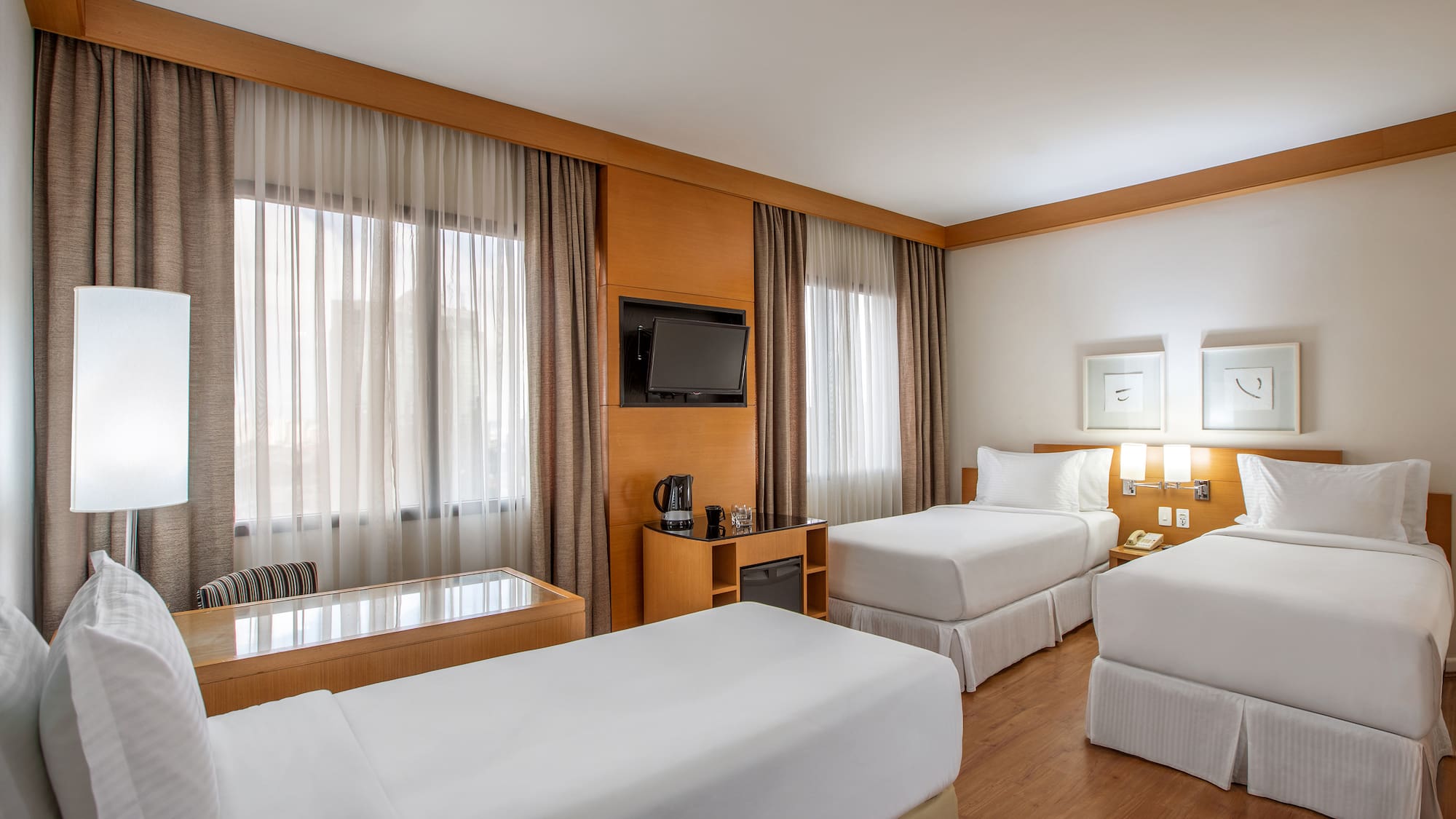 a room with two beds and a television