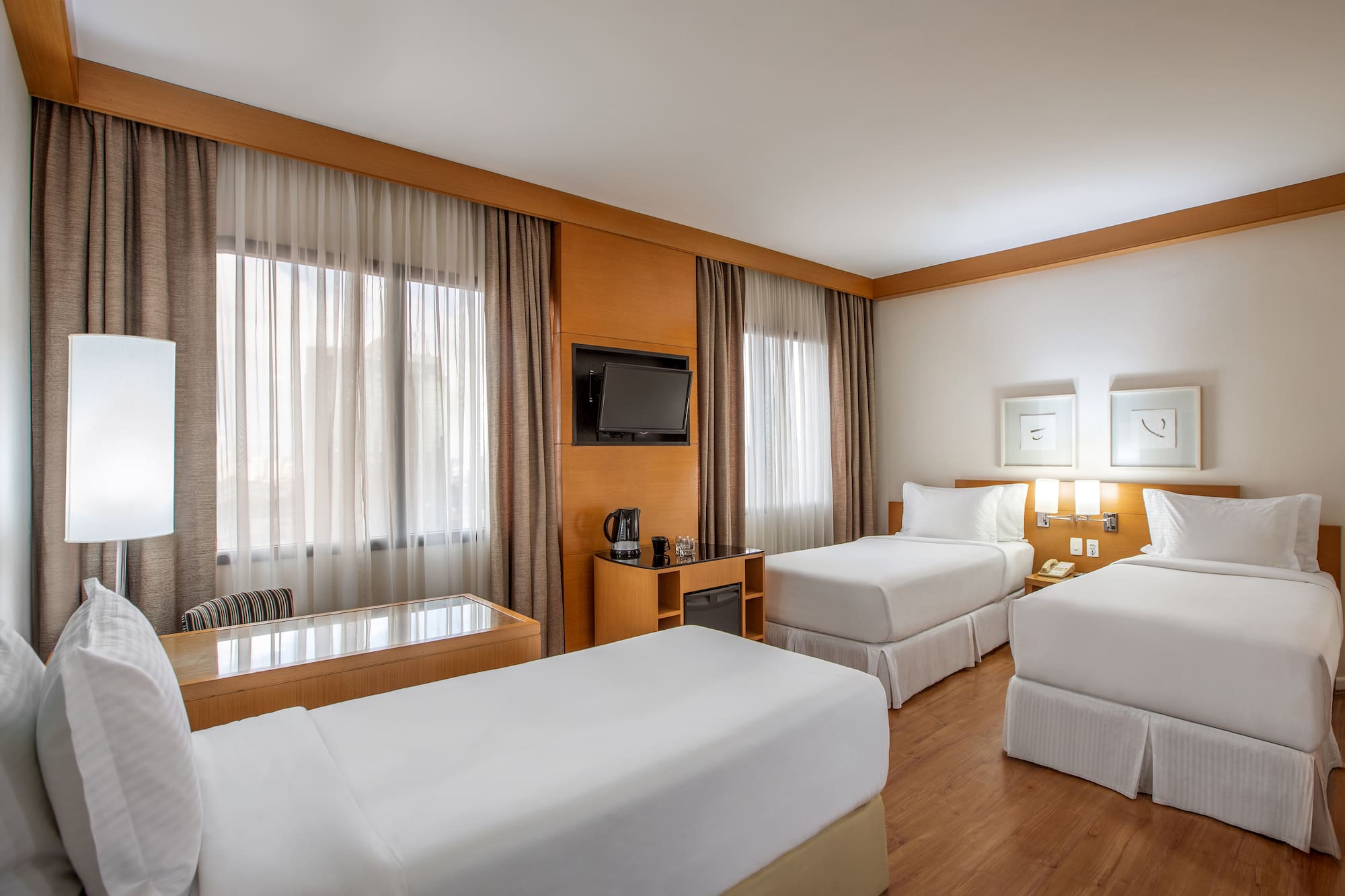 a room with two beds and a television