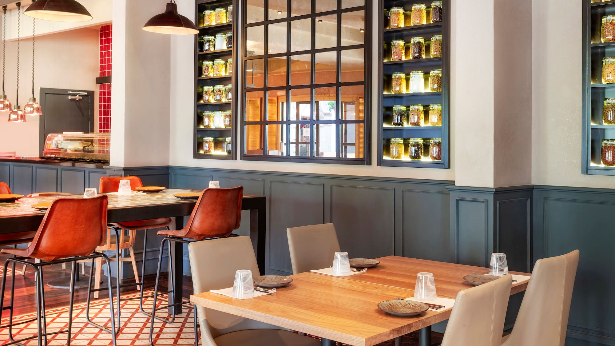a table and chairs in a restaurant