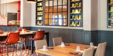 a table and chairs in a restaurant