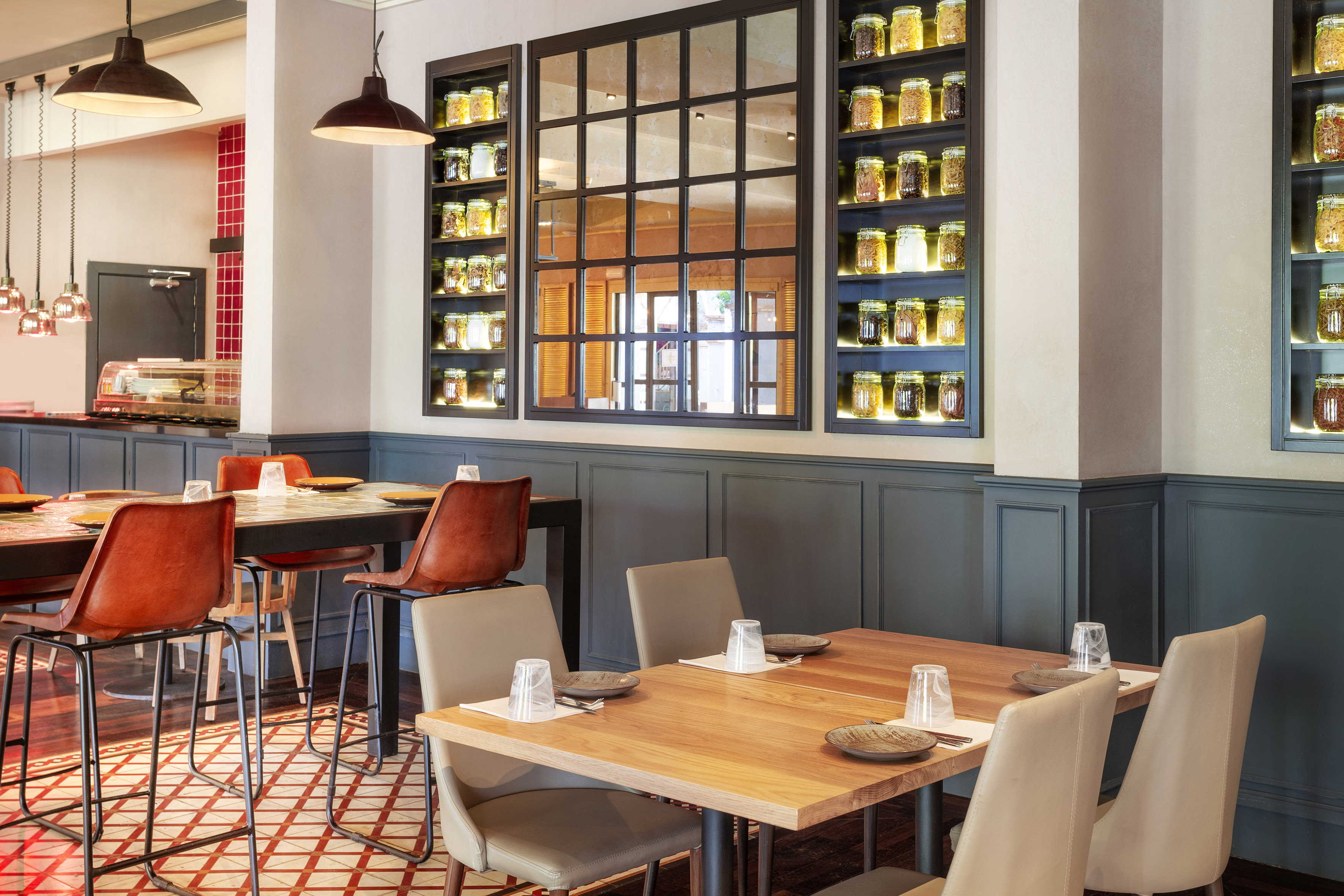a table and chairs in a restaurant