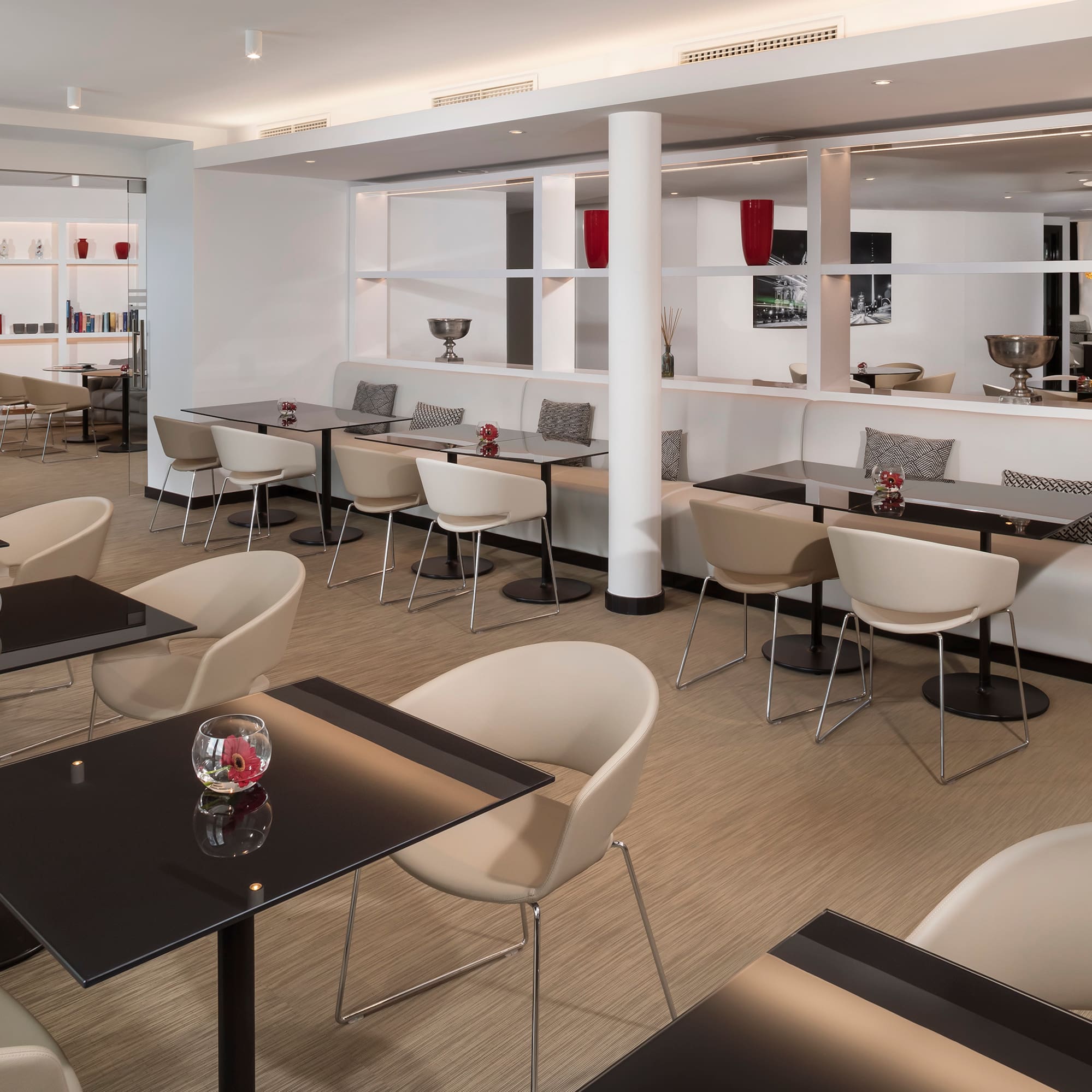 a room with tables and chairs