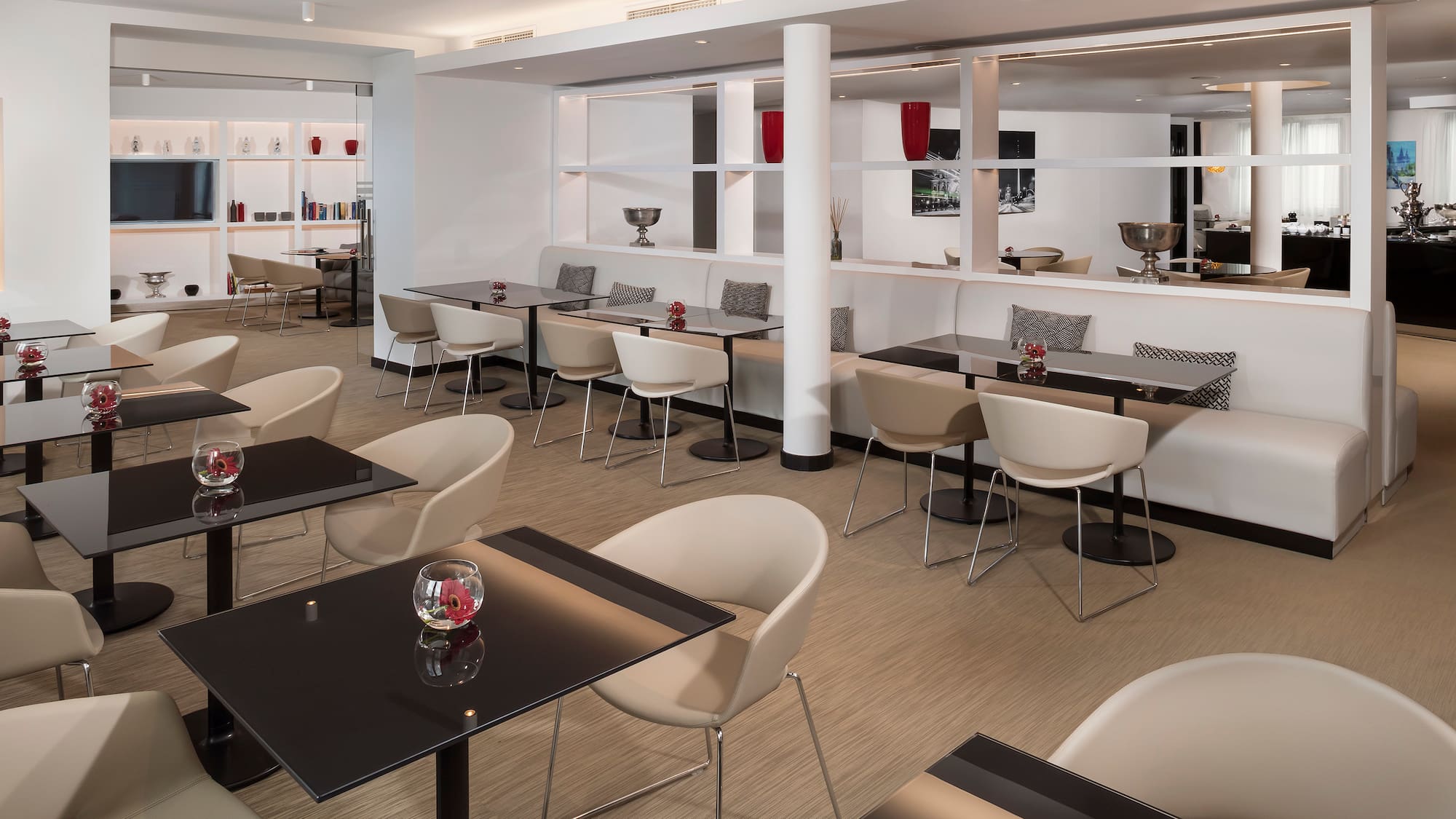 a room with tables and chairs