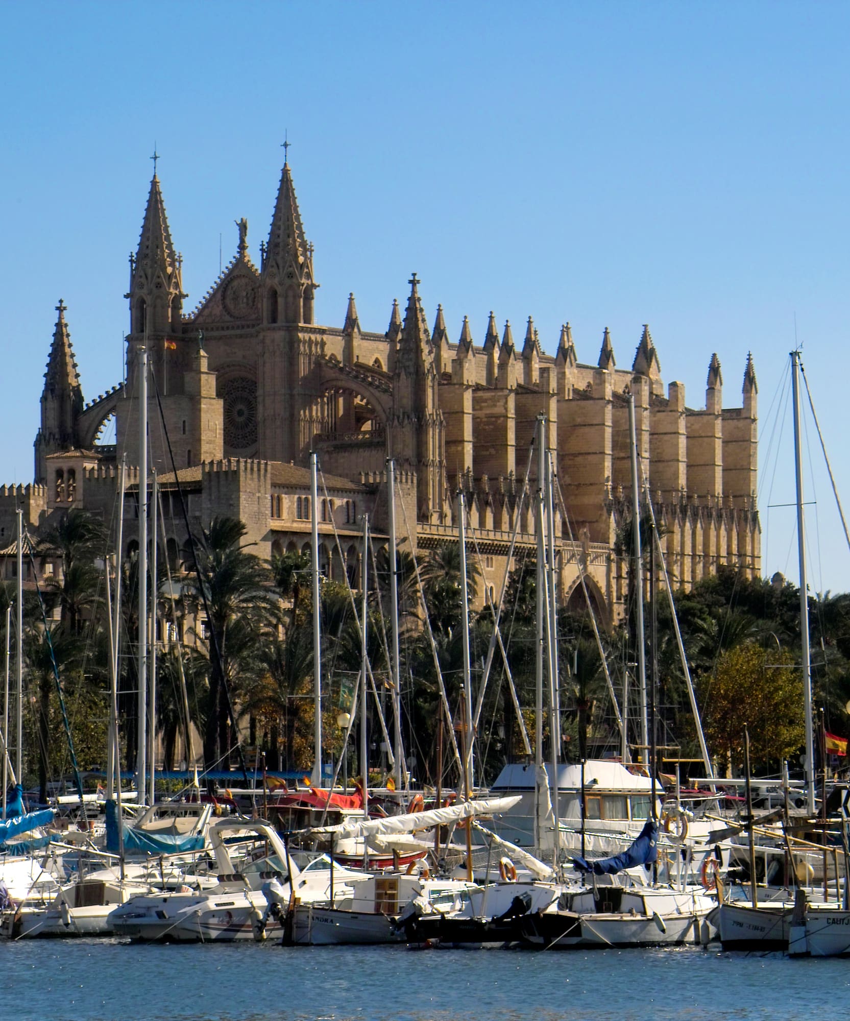 a castle with many boats in the water with Palma Cathedral in the background