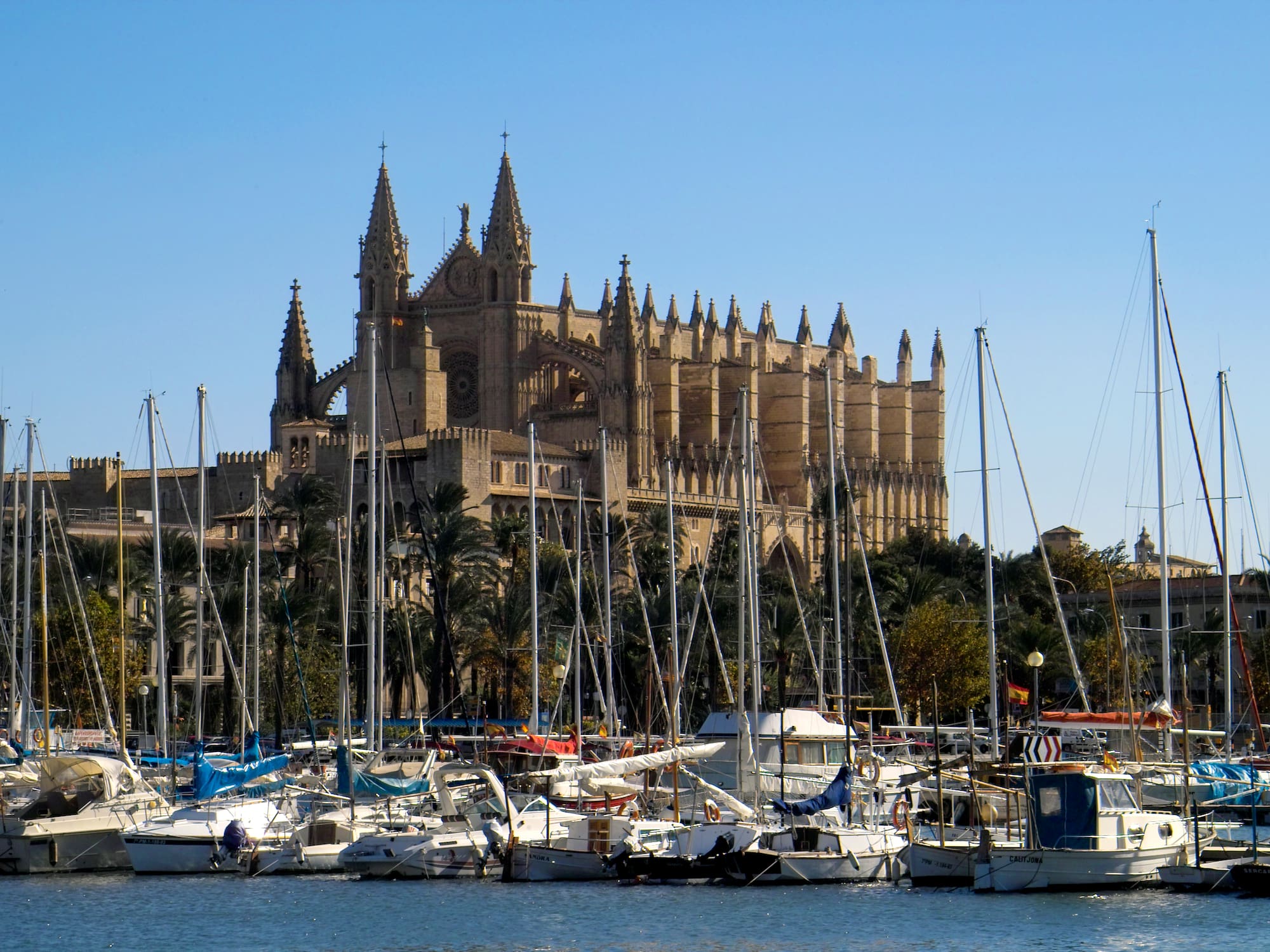 a castle with many boats in the water with Palma Cathedral in the background