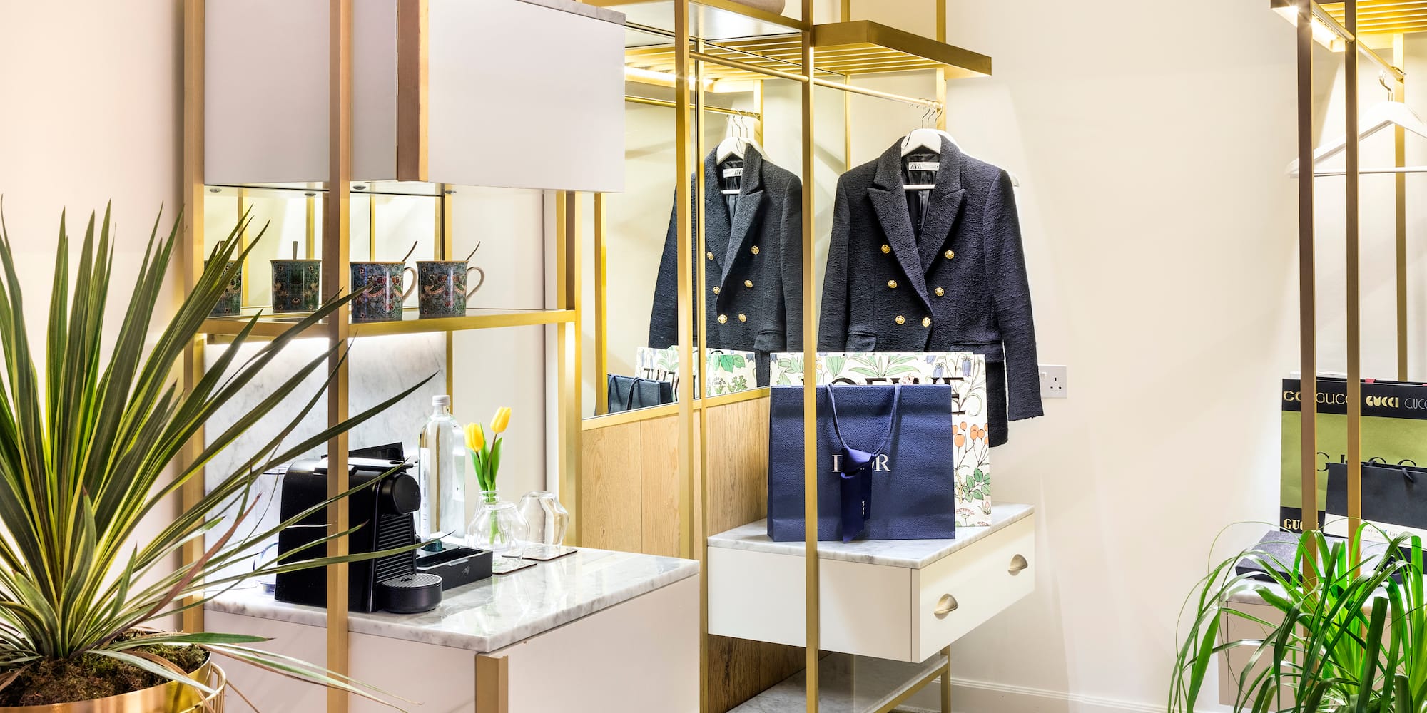 a room with a closet and a mirror