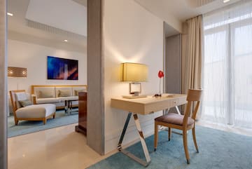 a desk and chair in a room