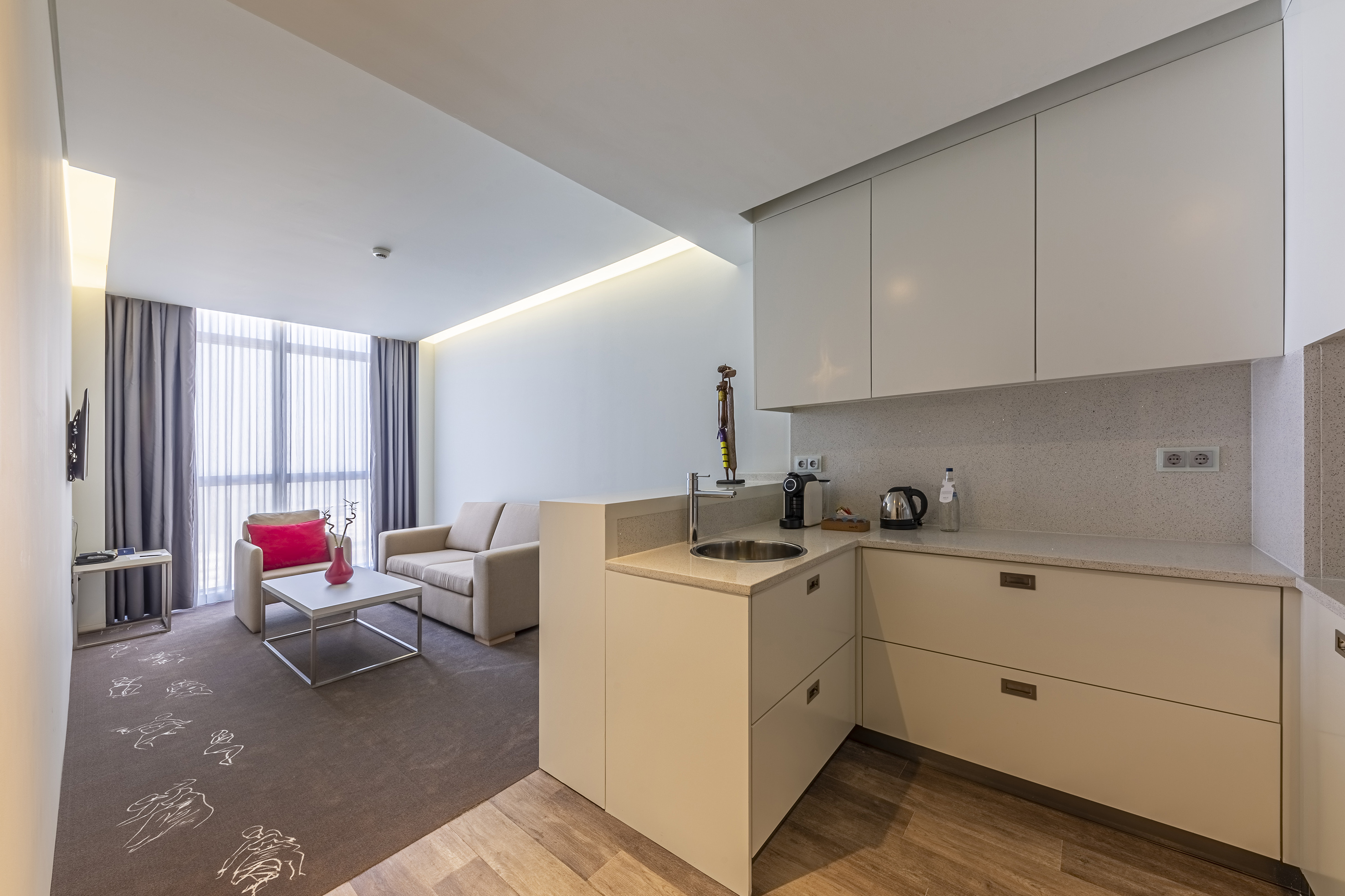 Modern studio with kitchenette, living area, and bright window.