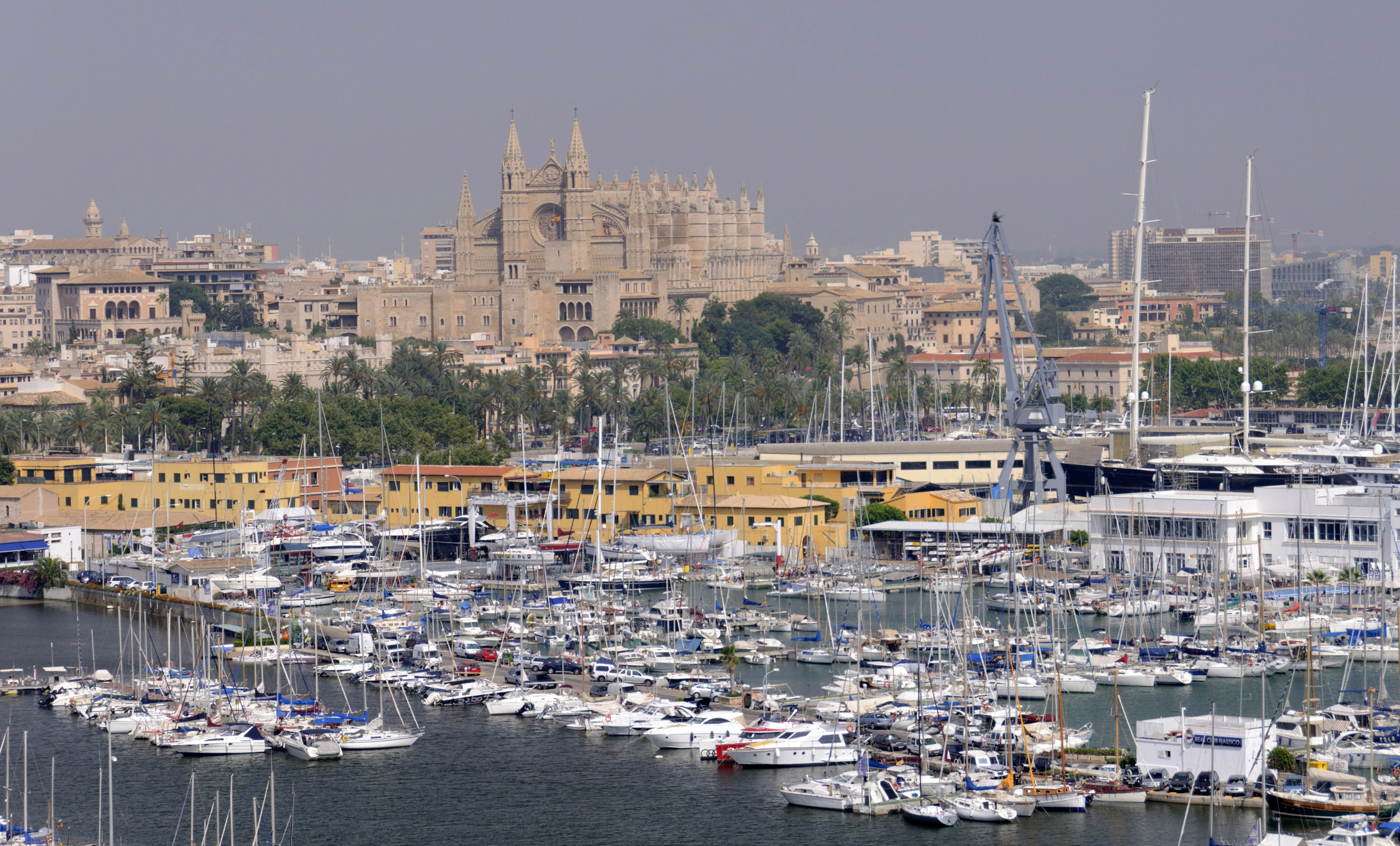 Palma de Mallorca marina with boats and La Seu Cathedral.