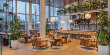 a large room with tables and chairs