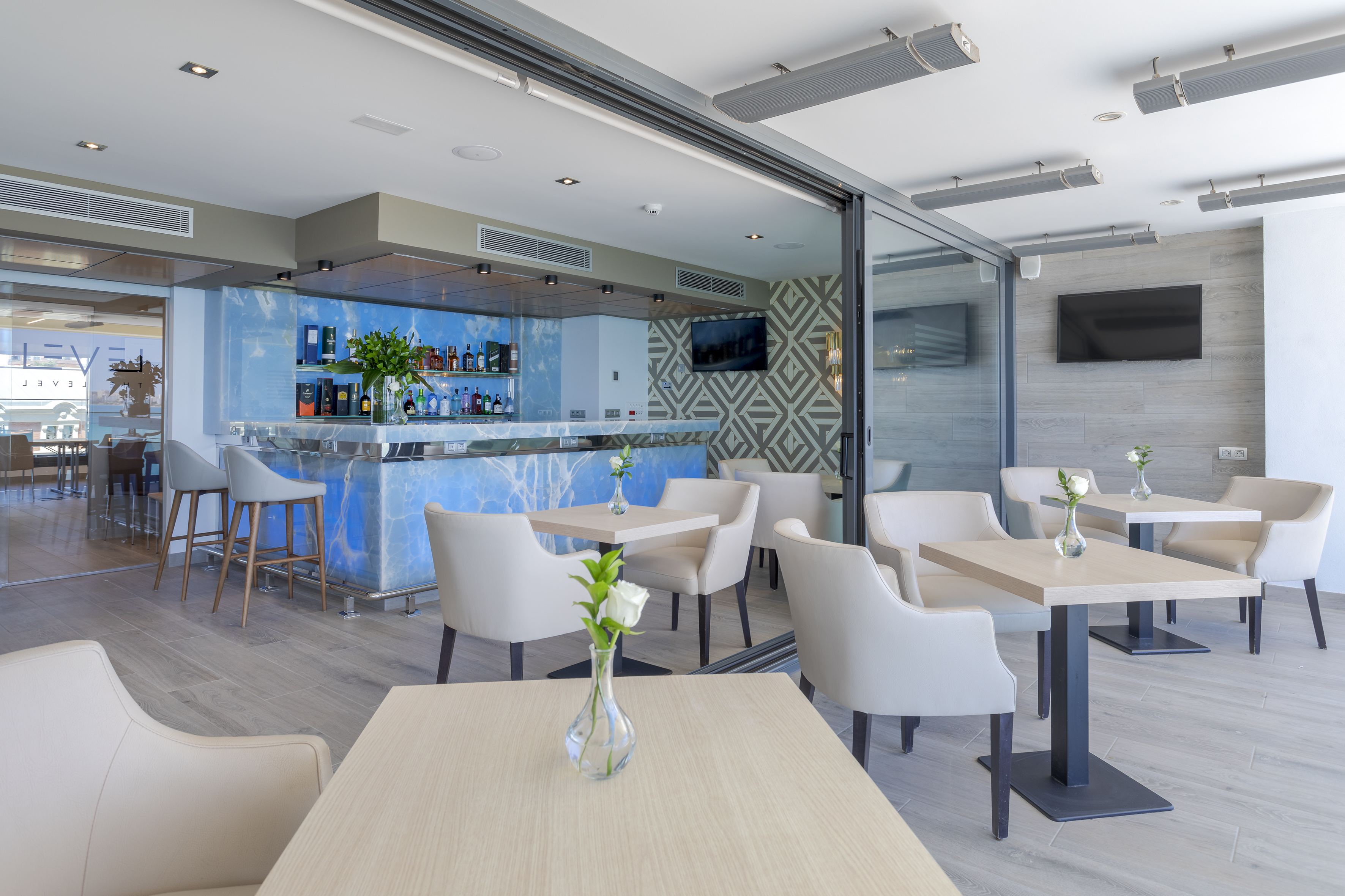 a room with tables and chairs