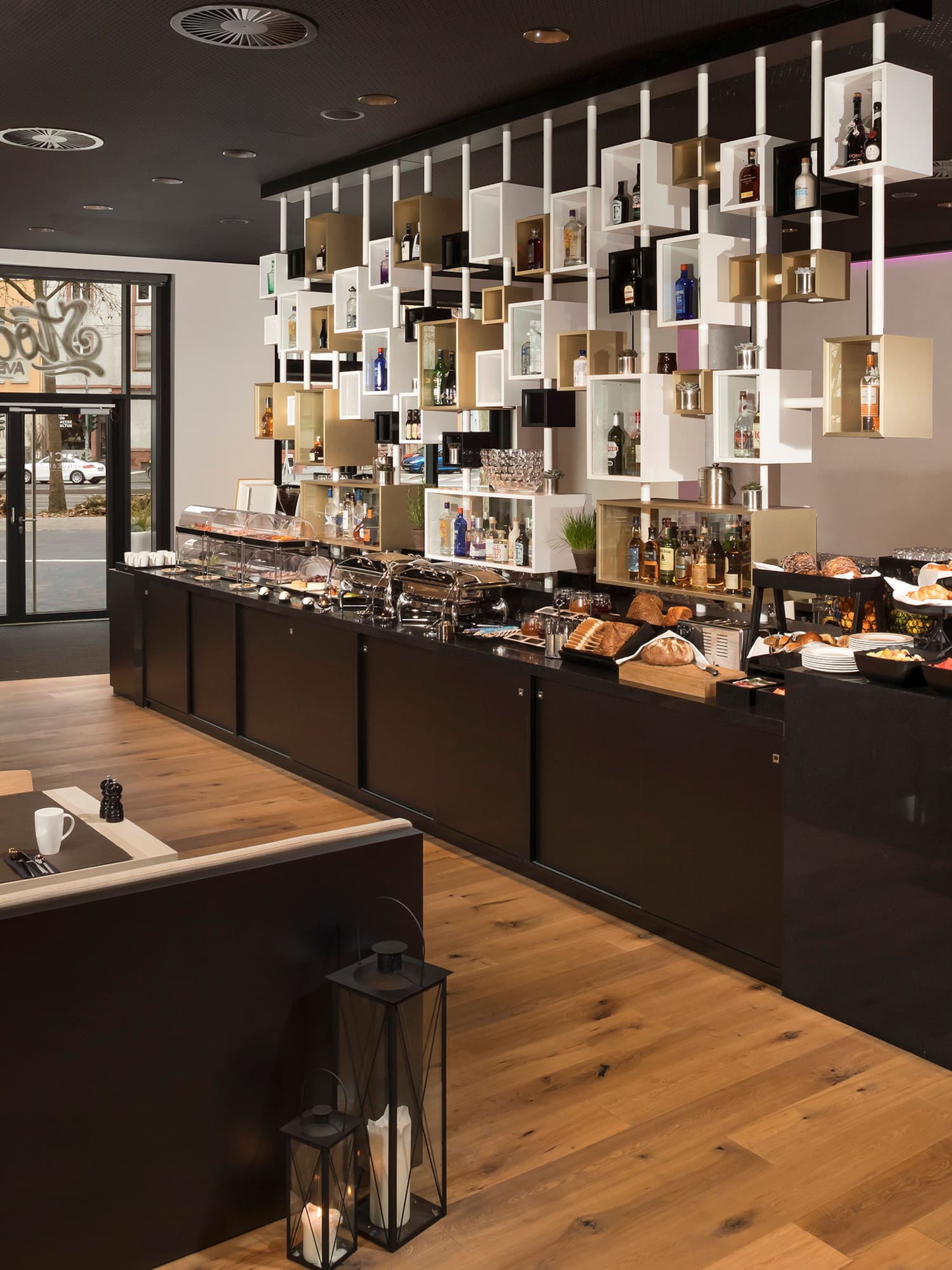 a restaurant with a variety of food items