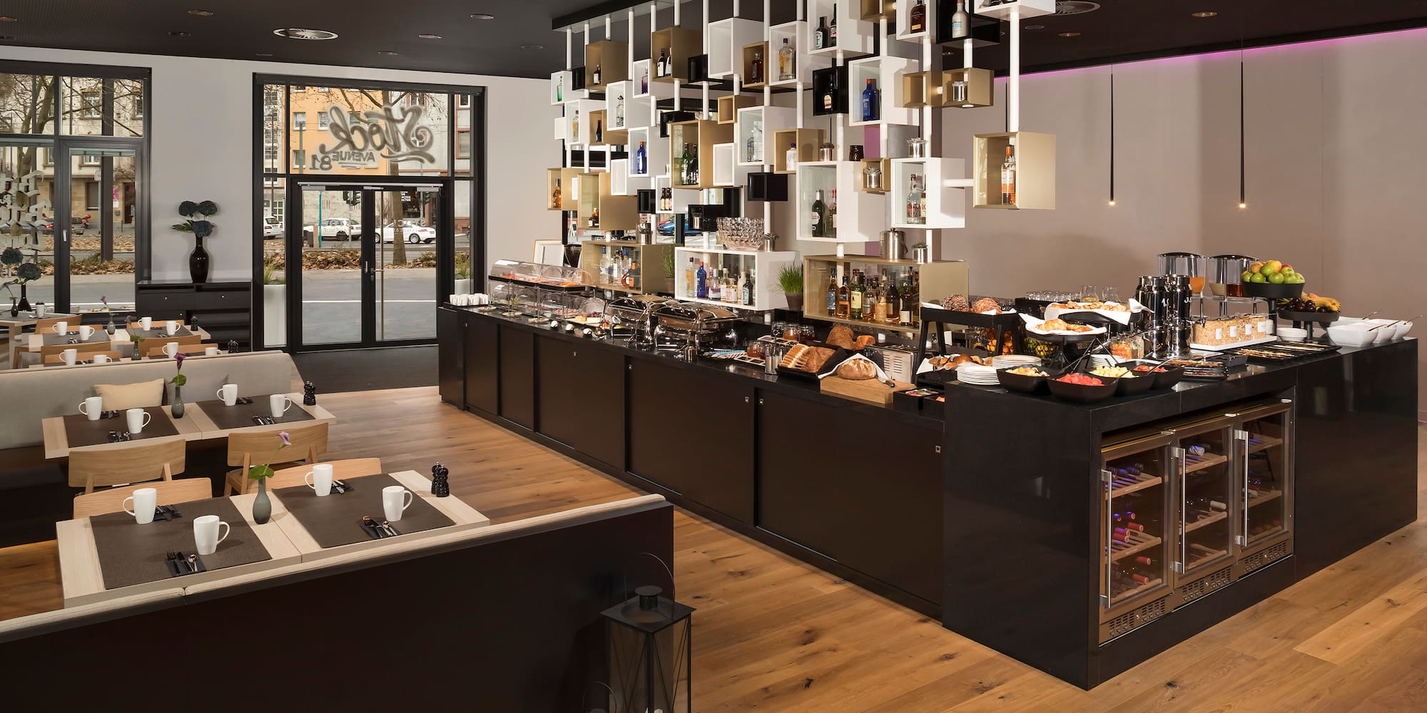 a restaurant with a variety of food items