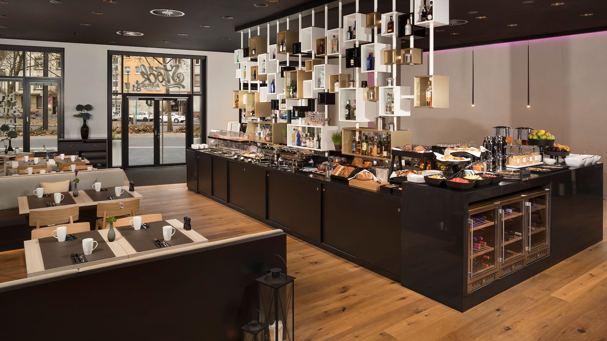 a restaurant with a variety of food items