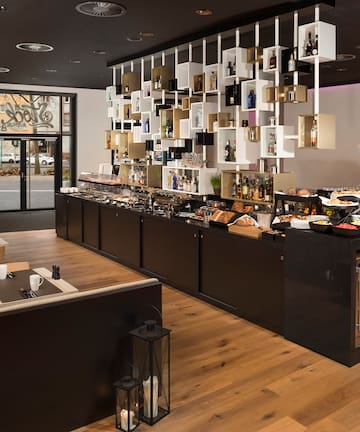 a restaurant with a variety of food items