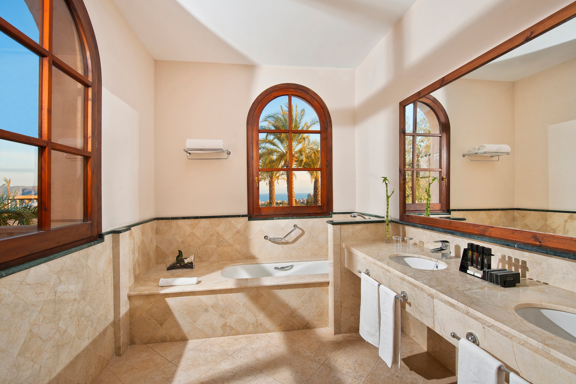 a bathroom with a large window