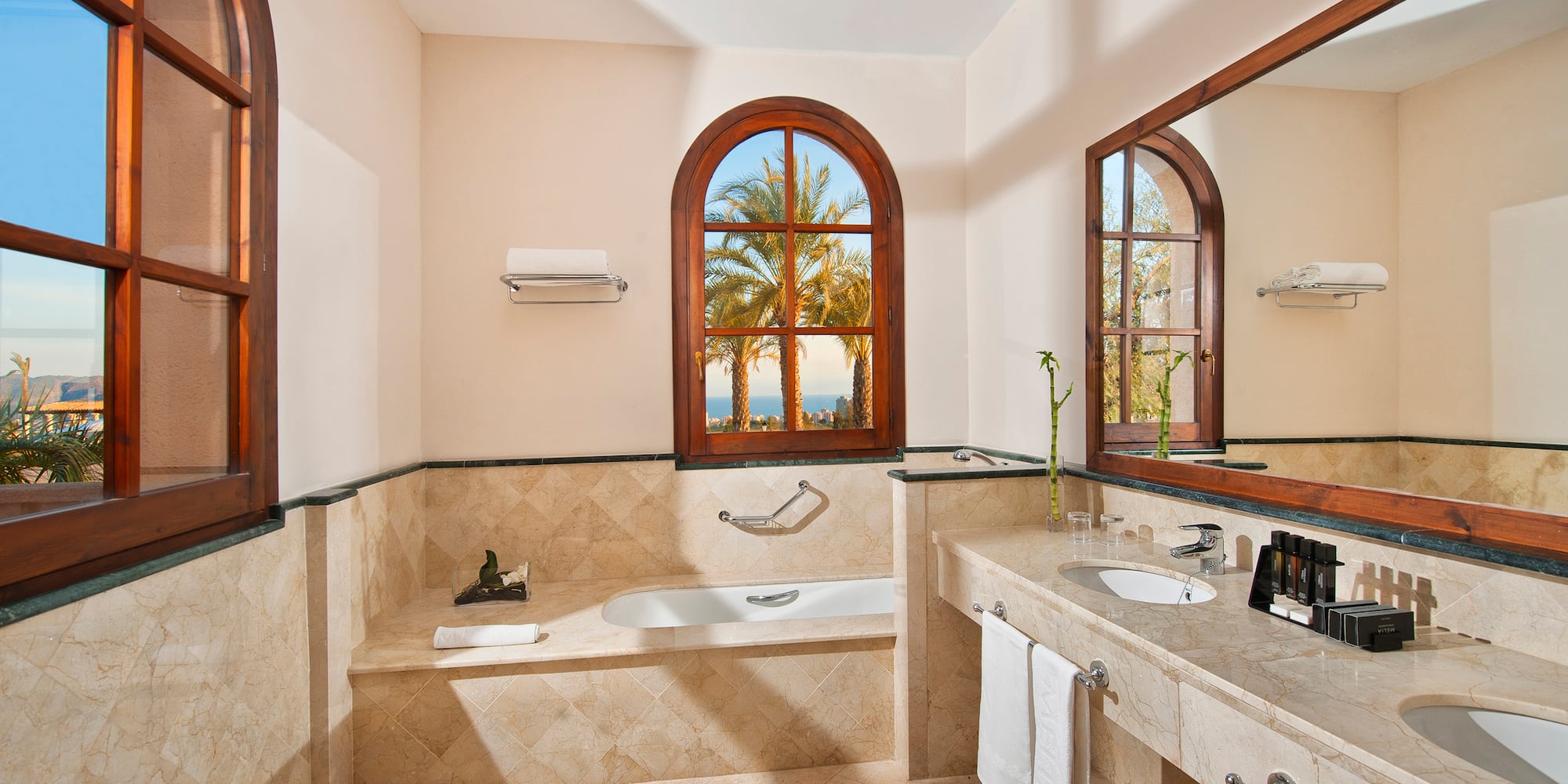 a bathroom with a large window