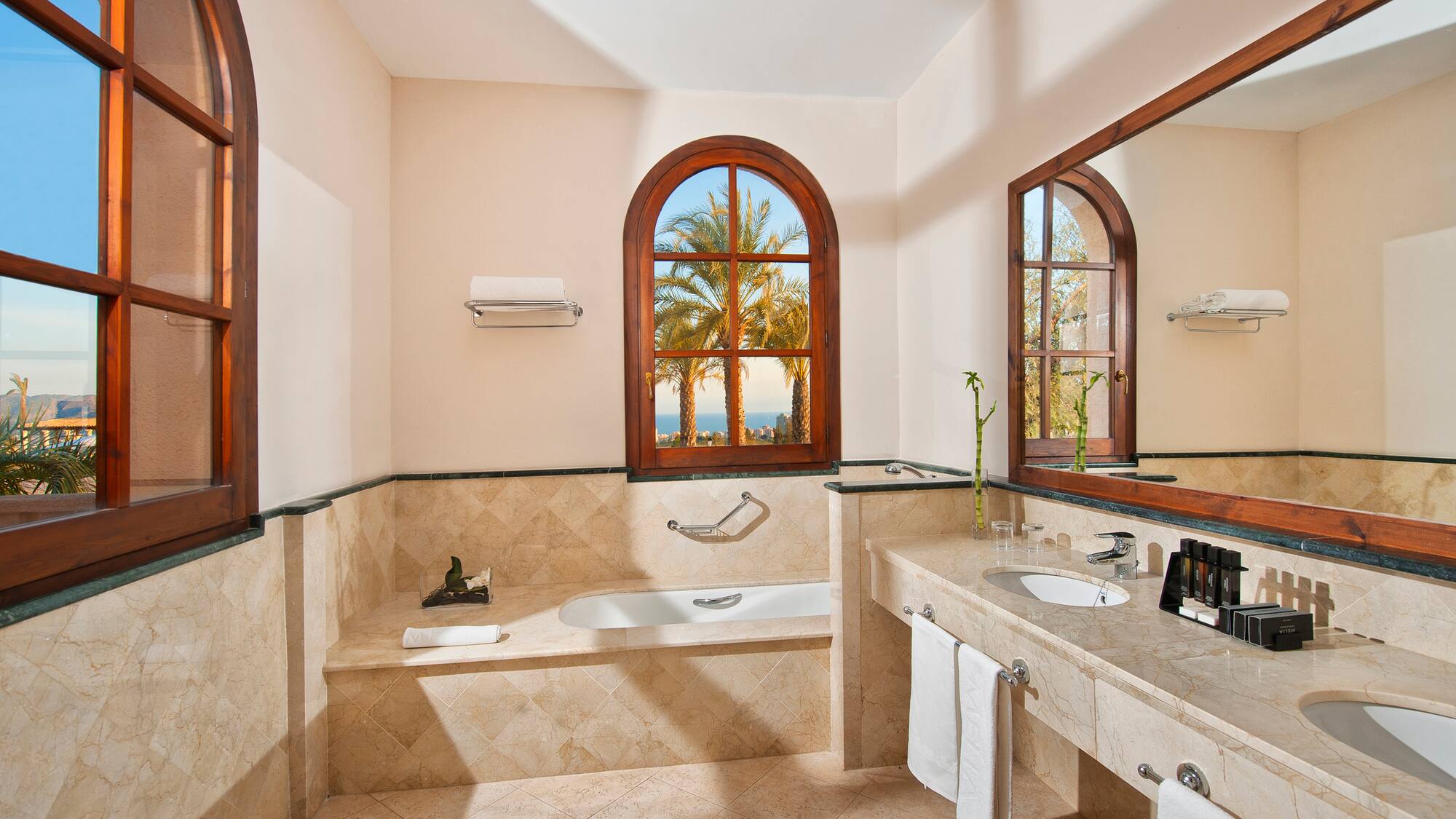 a bathroom with a large window