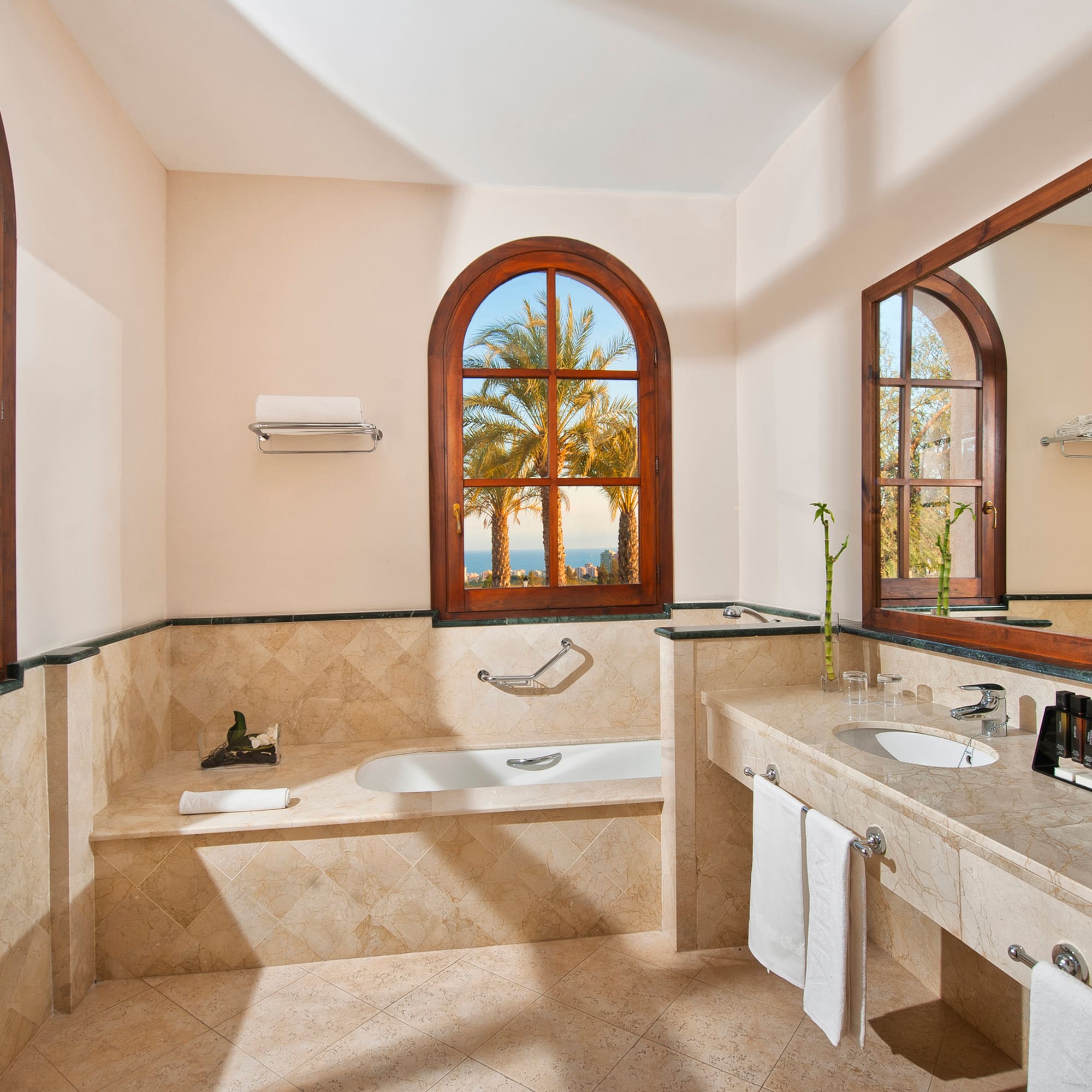 a bathroom with a large window