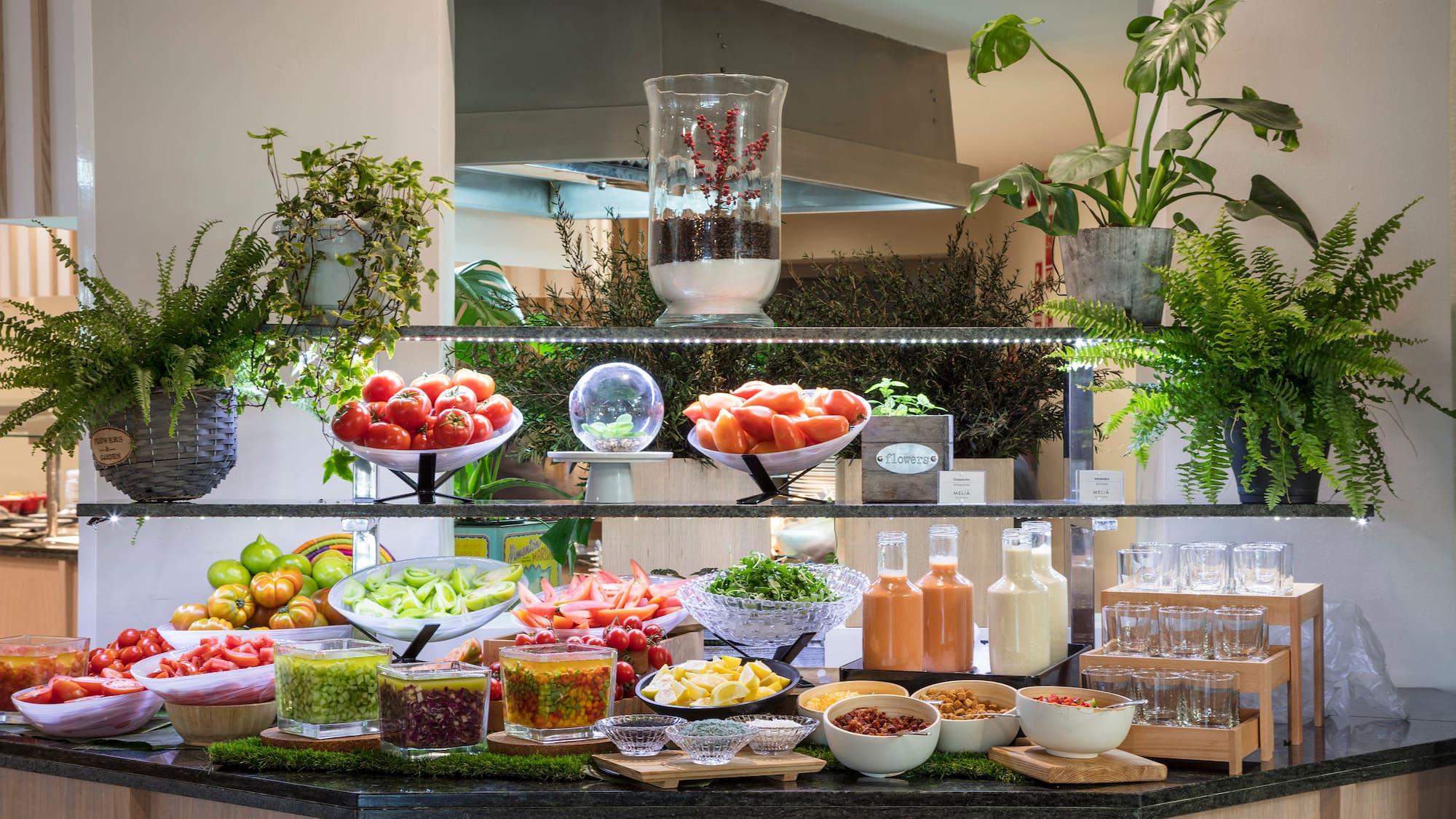 a buffet with different foods on it