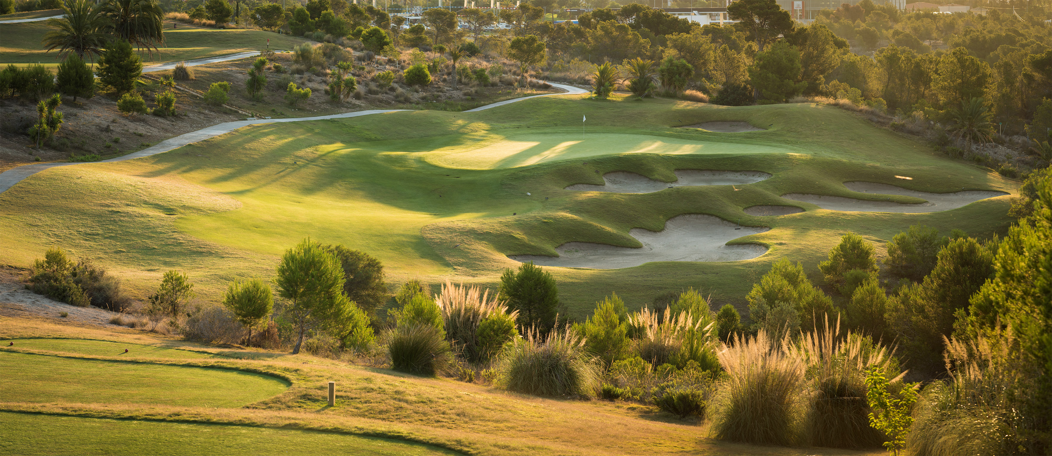 a golf course with sand bunkers and trees