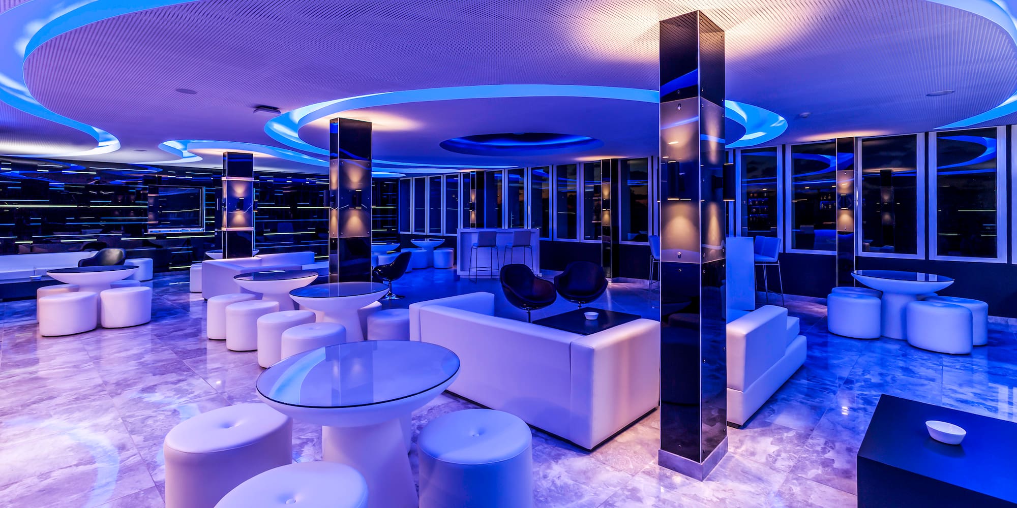 a room with purple lights