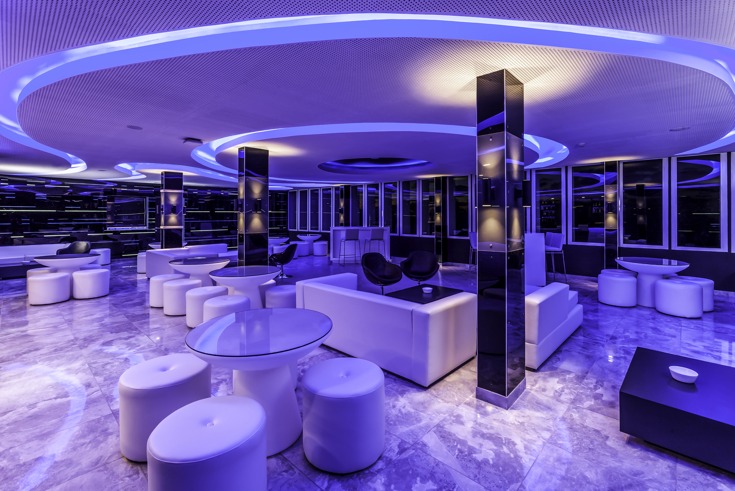 a room with purple lights