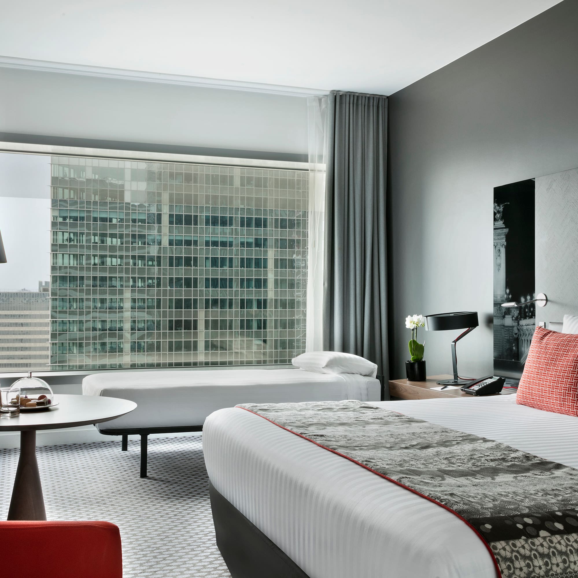 a room with a bed and a table