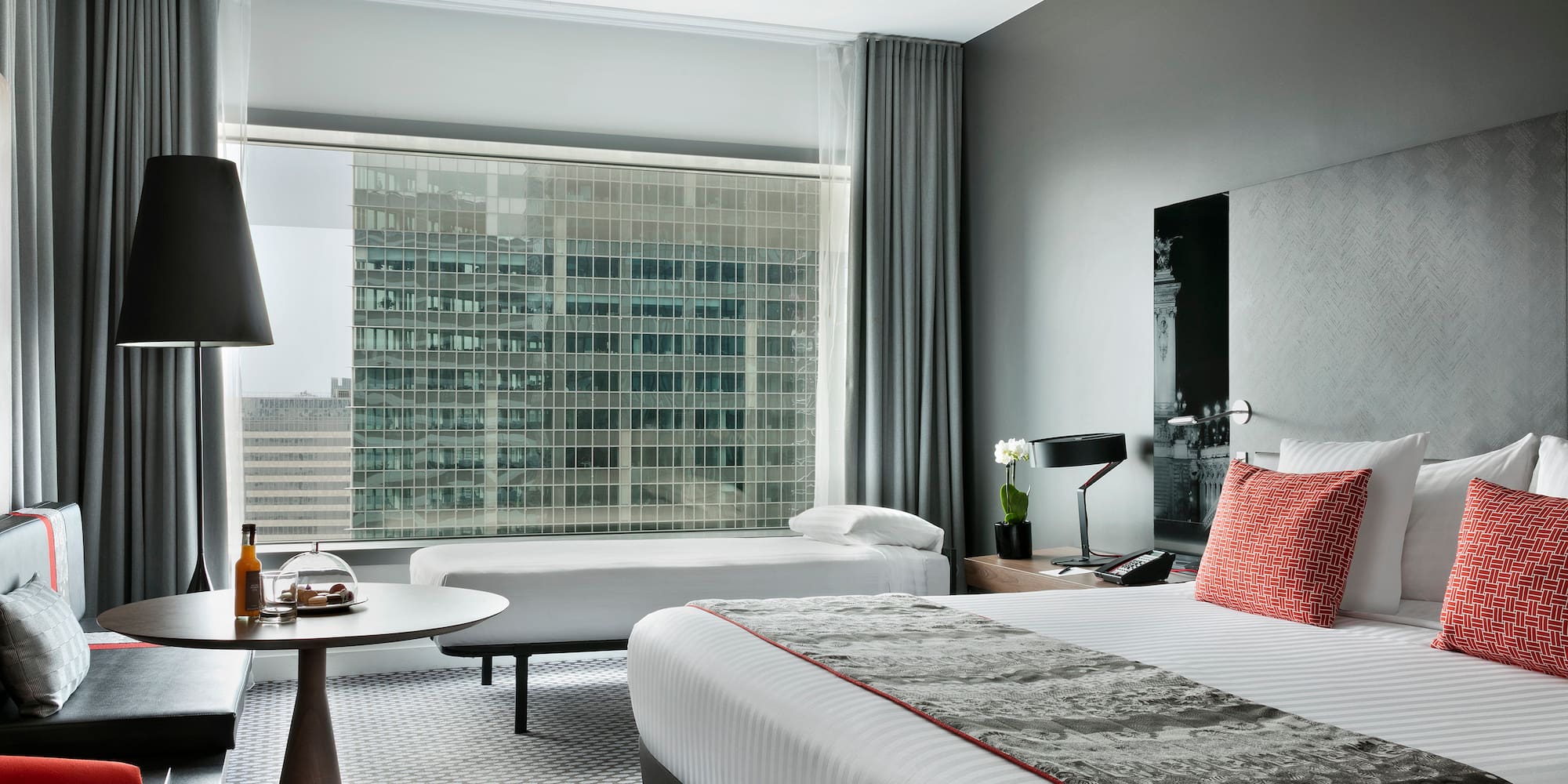 a room with a bed and a table