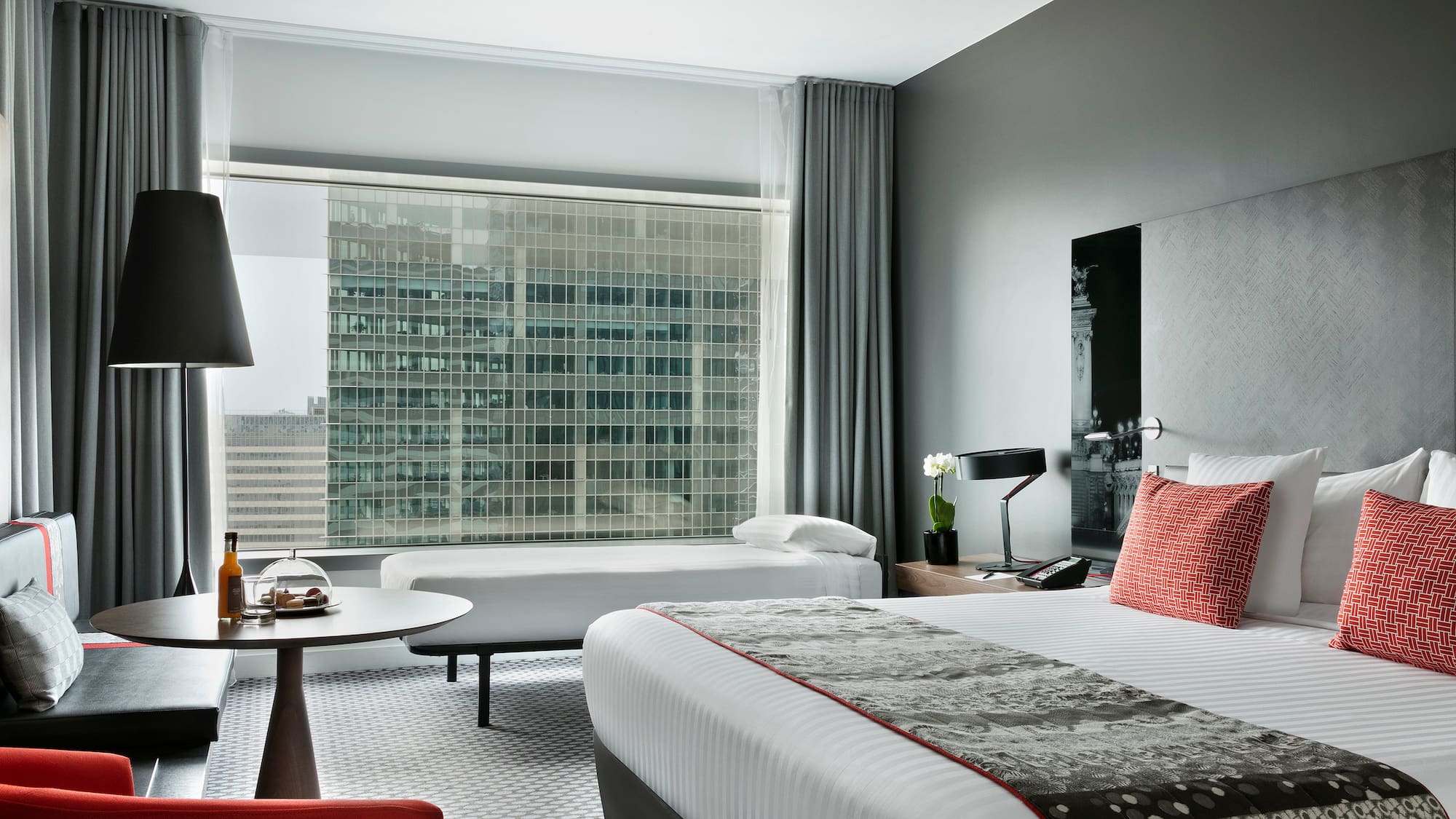 a room with a bed and a table