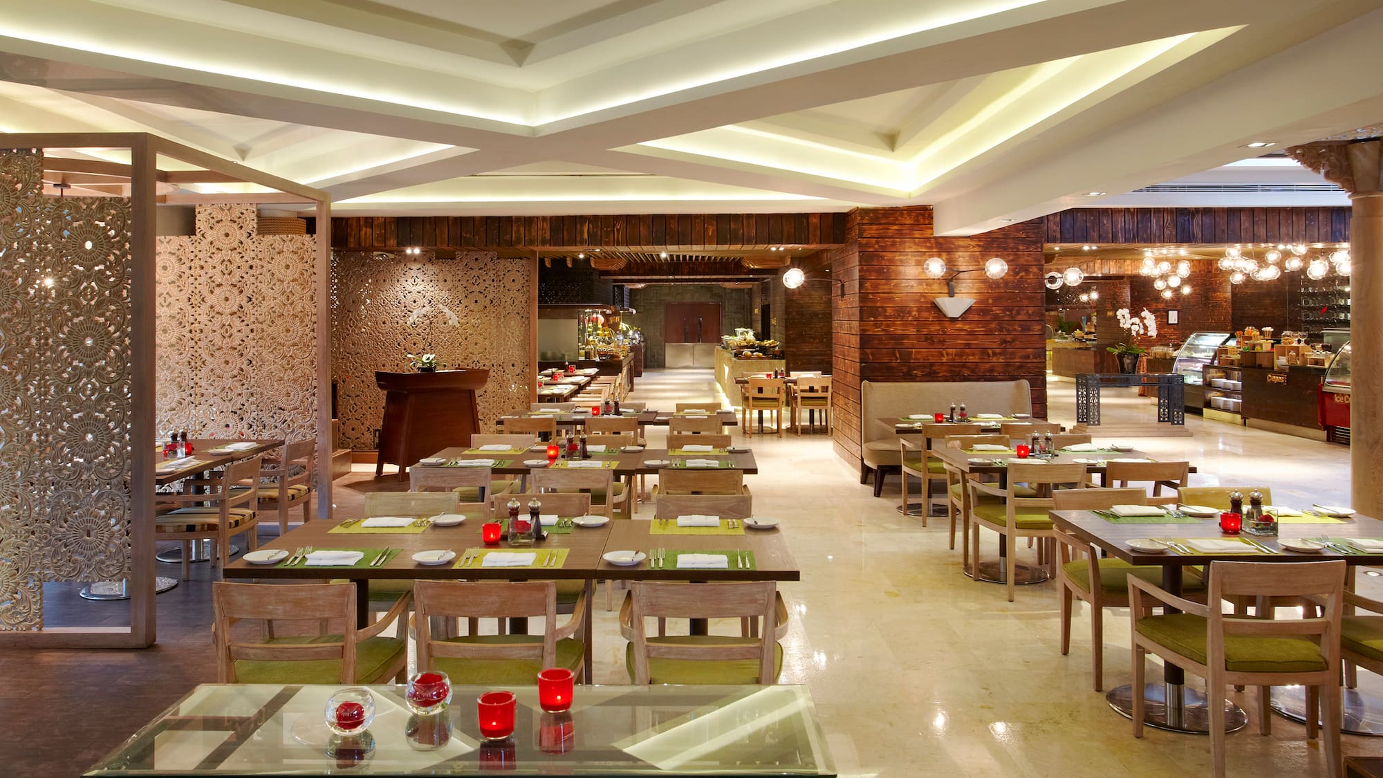 a restaurant with tables and chairs