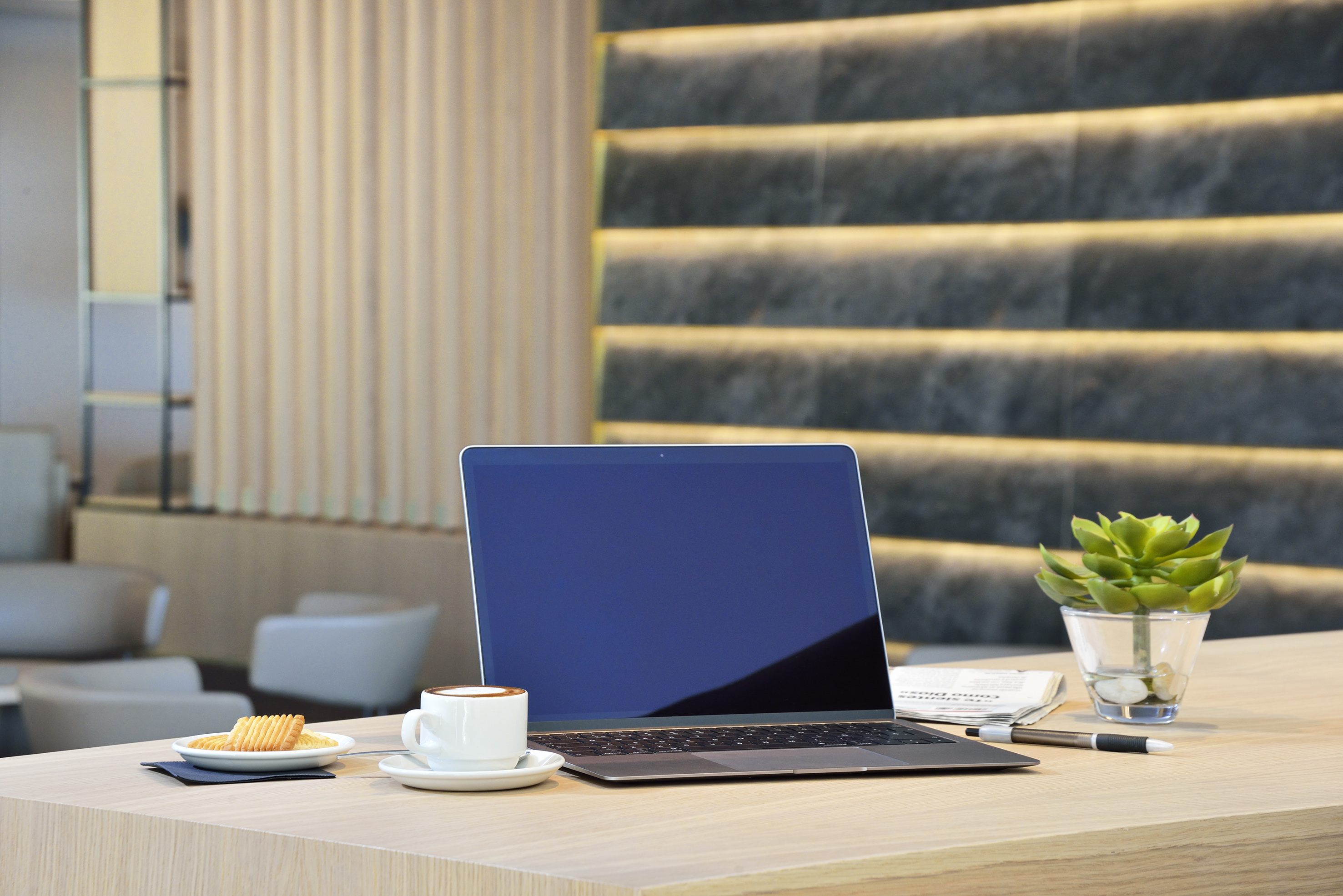 Modern workspace with laptop, coffee, and plant on a wooden desk.