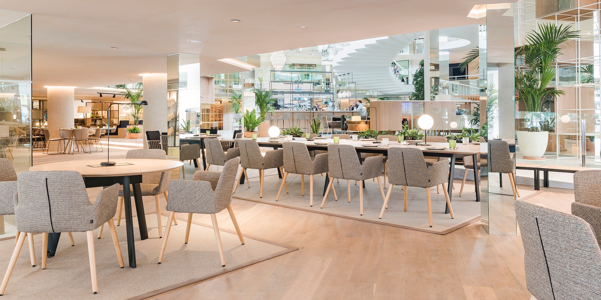 a large room with tables and chairs