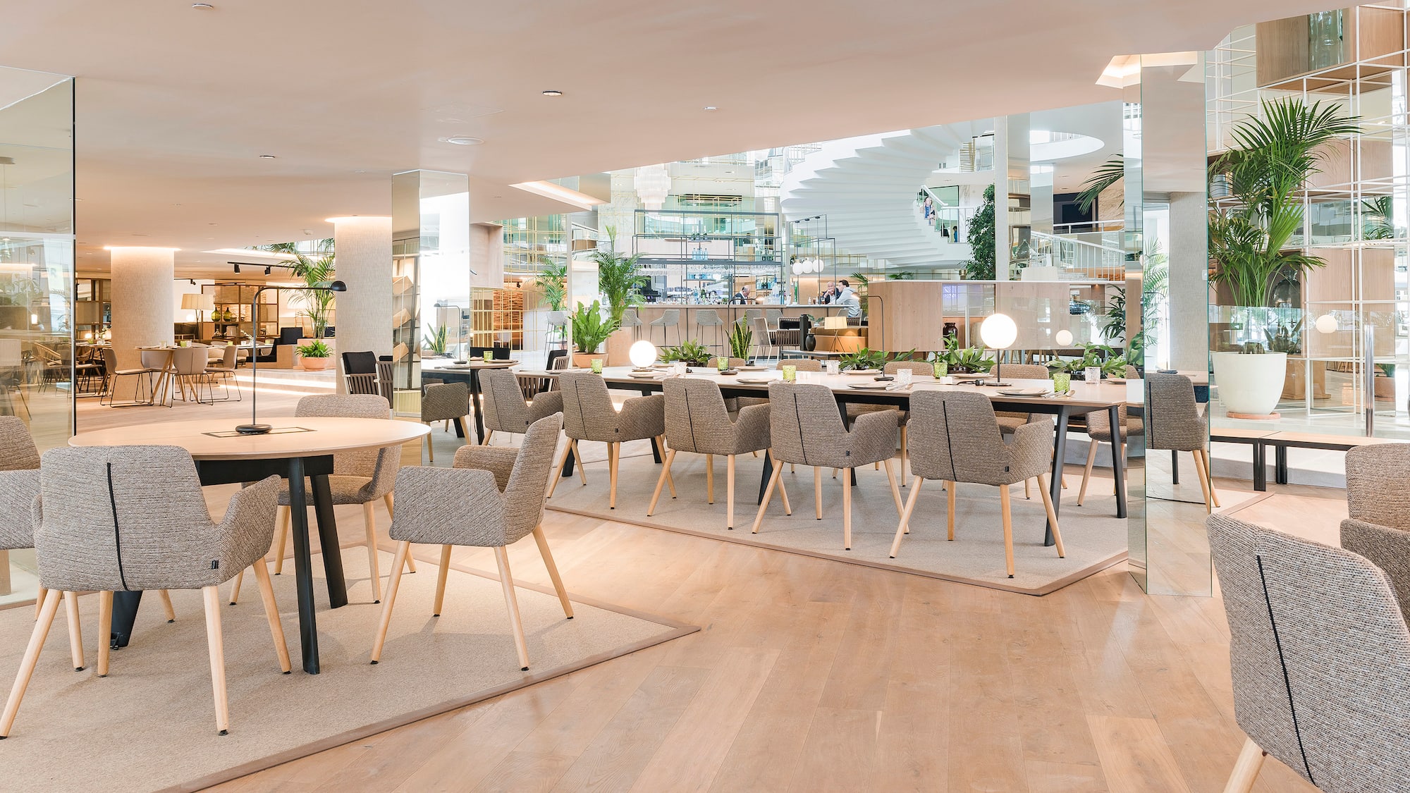 a large room with tables and chairs