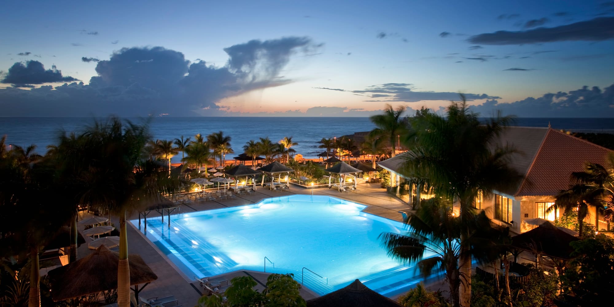 a pool with palm trees and a beach in the background