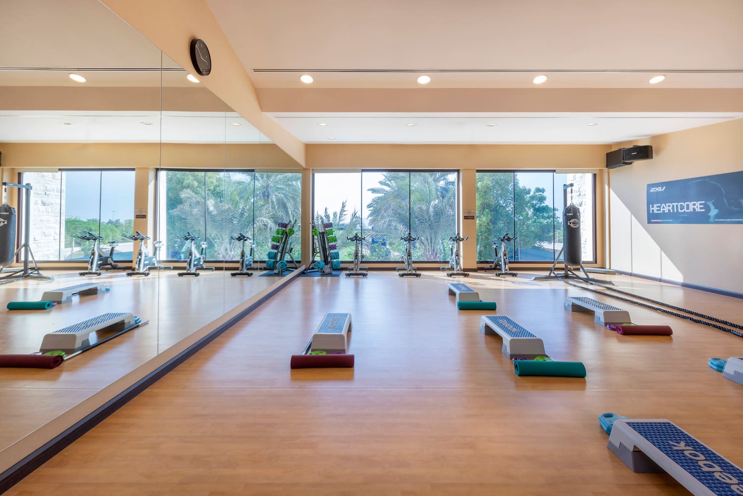 a large room with exercise equipment
