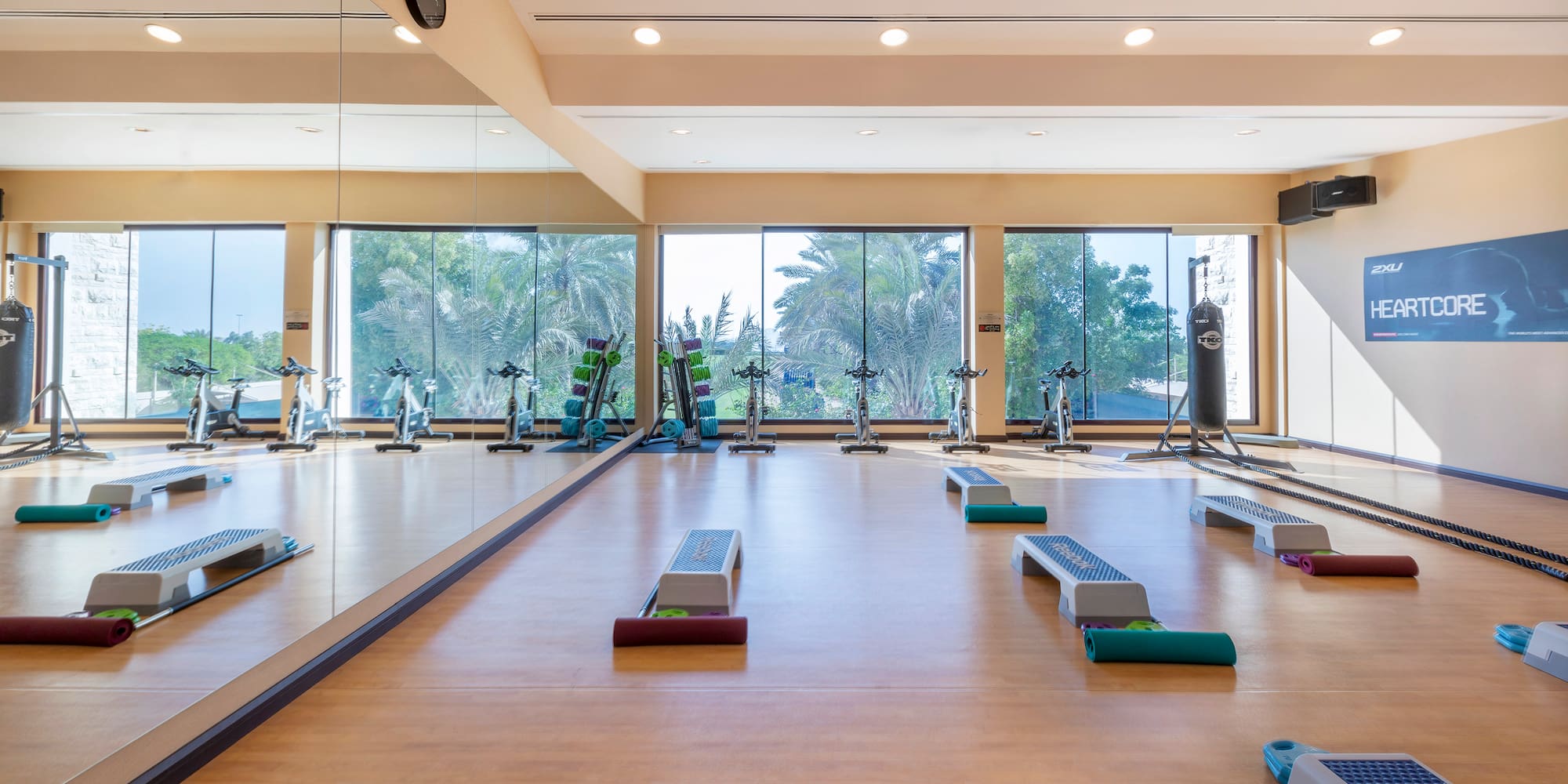 a large room with exercise equipment