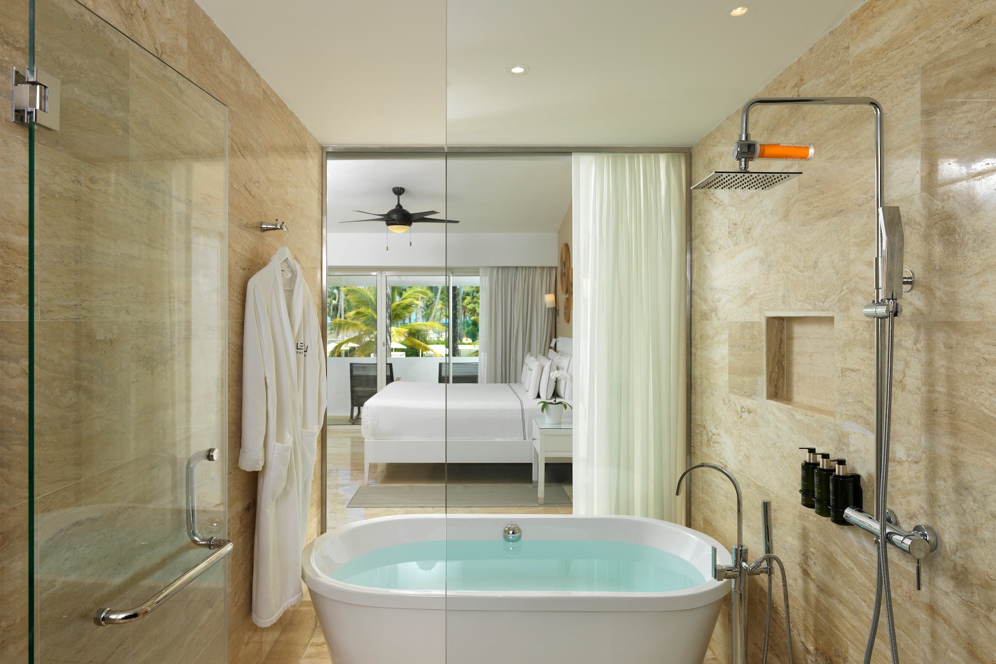 a bathroom with a bathtub and shower