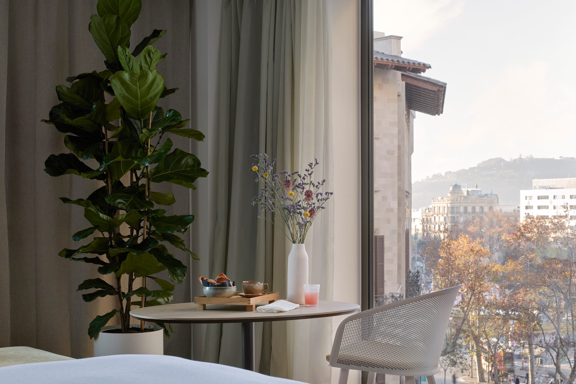 a room with a table and chair and a plant